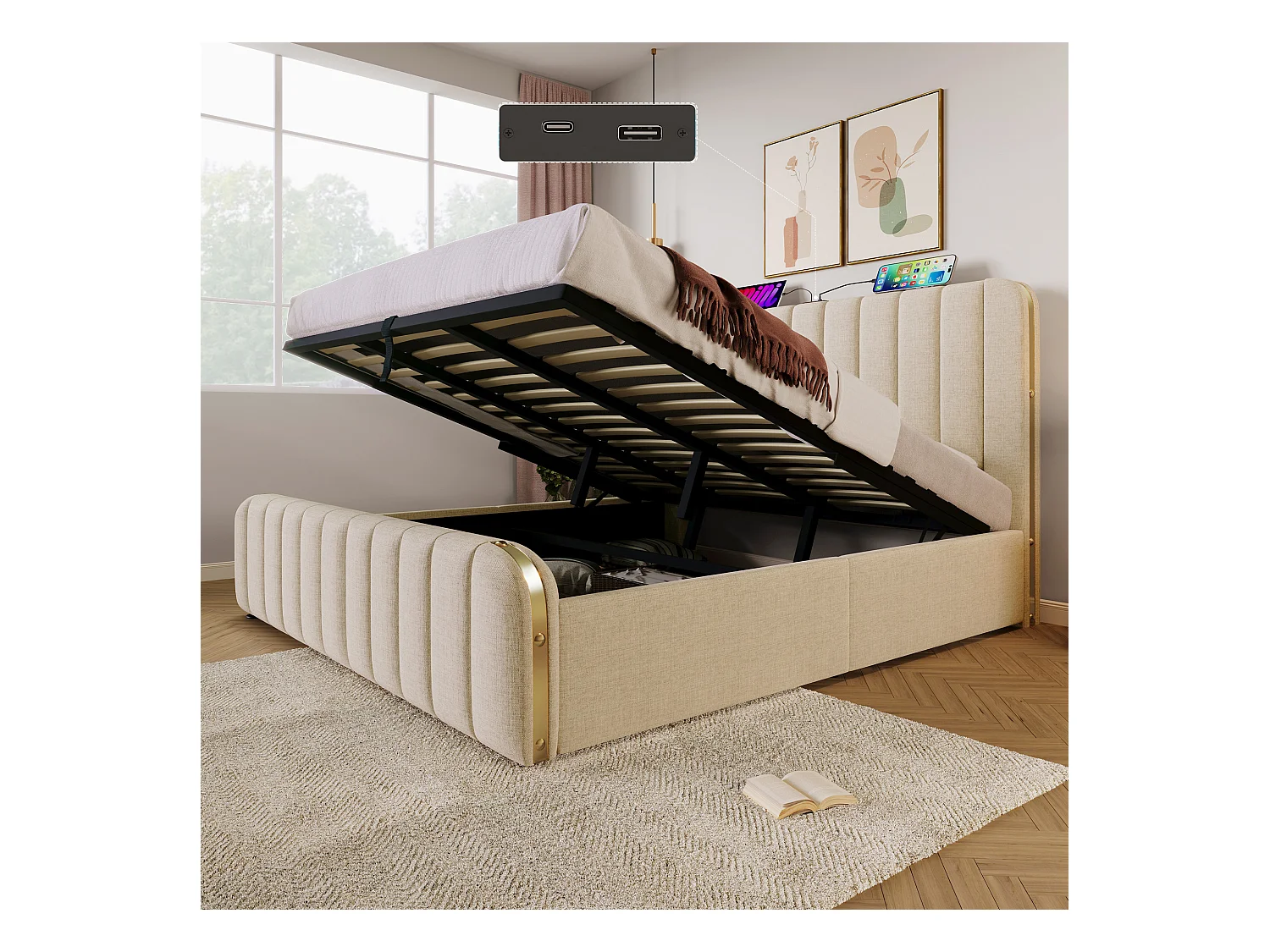 Cama de matrimonio 180x200 cm, cabecero acolchado con tiras metálicas doradas, USB Tipo-C, canapé hidráulico, 4 cajones (216x190x101 cm)