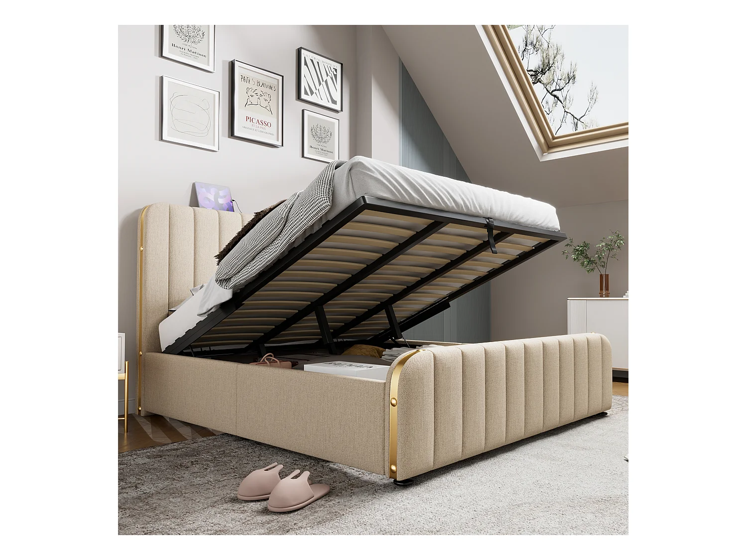 Cama de matrimonio 180x200 cm, cabecero acolchado con tiras metálicas doradas, USB Tipo-C, canapé hidráulico, 4 cajones (216x190x101 cm)