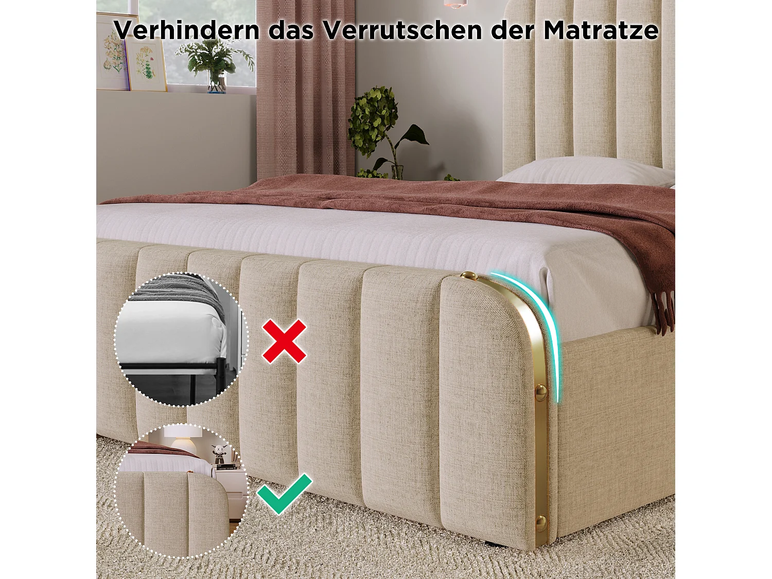 Lit double 180x200 cm, tête de lit capitonnée avec bandes métalliques dorées, USB Type-C, lit de stockage hydraulique, 4 tiroirs (216x190x101 cm)