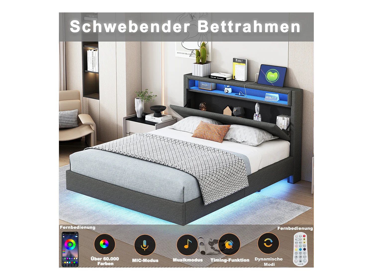 Lit 140x200 cm avec USB, éclairage LED, tête de lit réversible, cadre en simili cuir gris (201x141x108 cm)