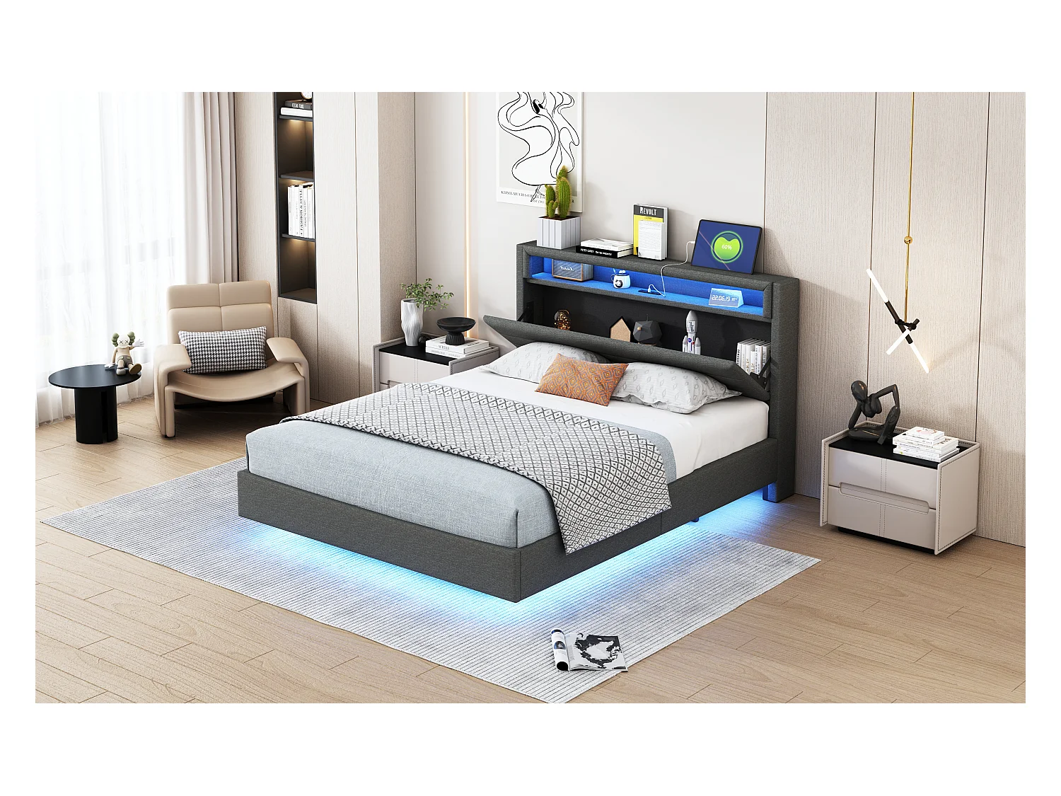 Lit 140x200 cm avec USB, éclairage LED, tête de lit réversible, cadre en simili cuir gris (201x141x108 cm)