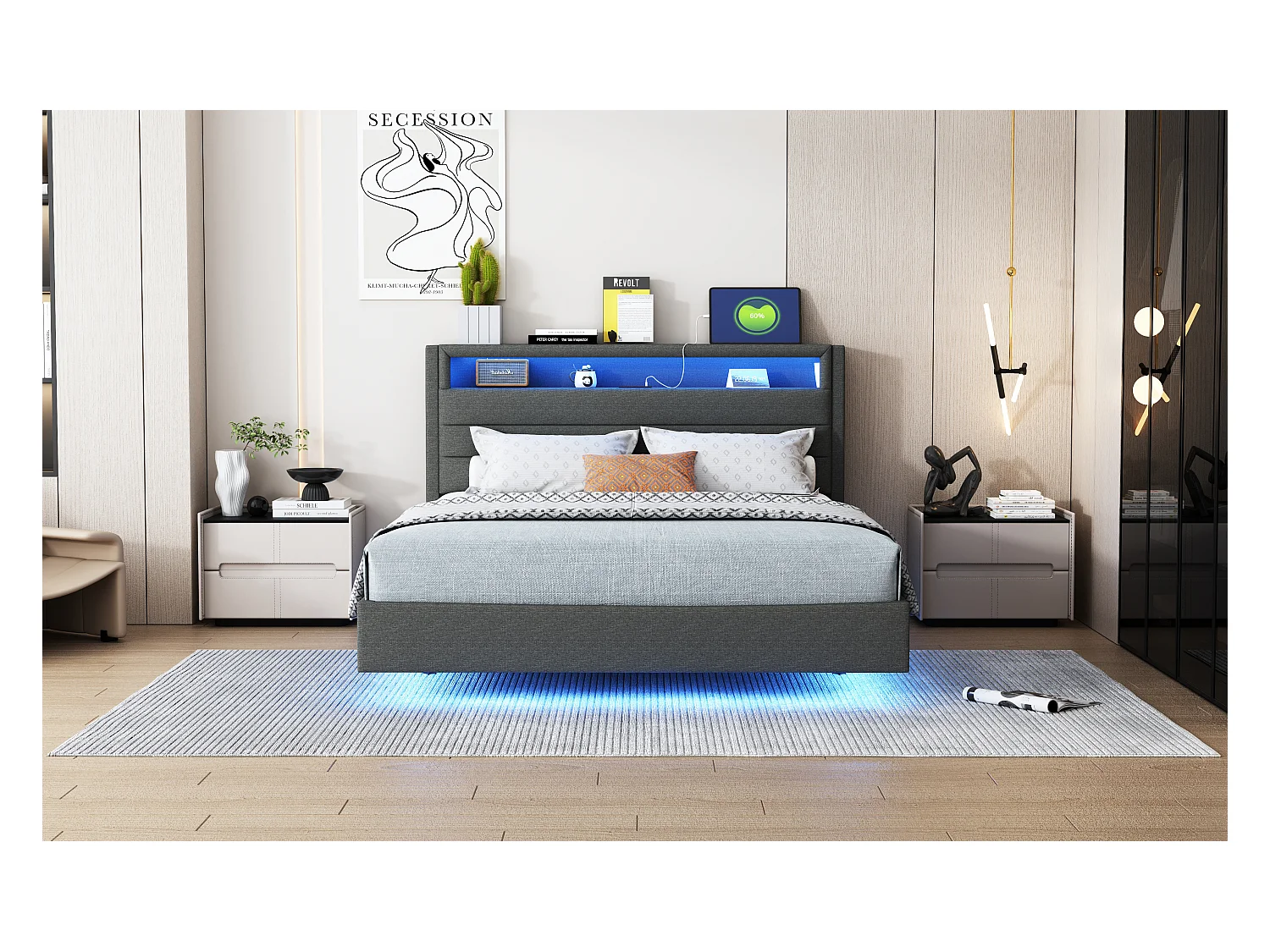 Lit 140x200 cm avec USB, éclairage LED, tête de lit réversible, cadre en simili cuir gris (201x141x108 cm)