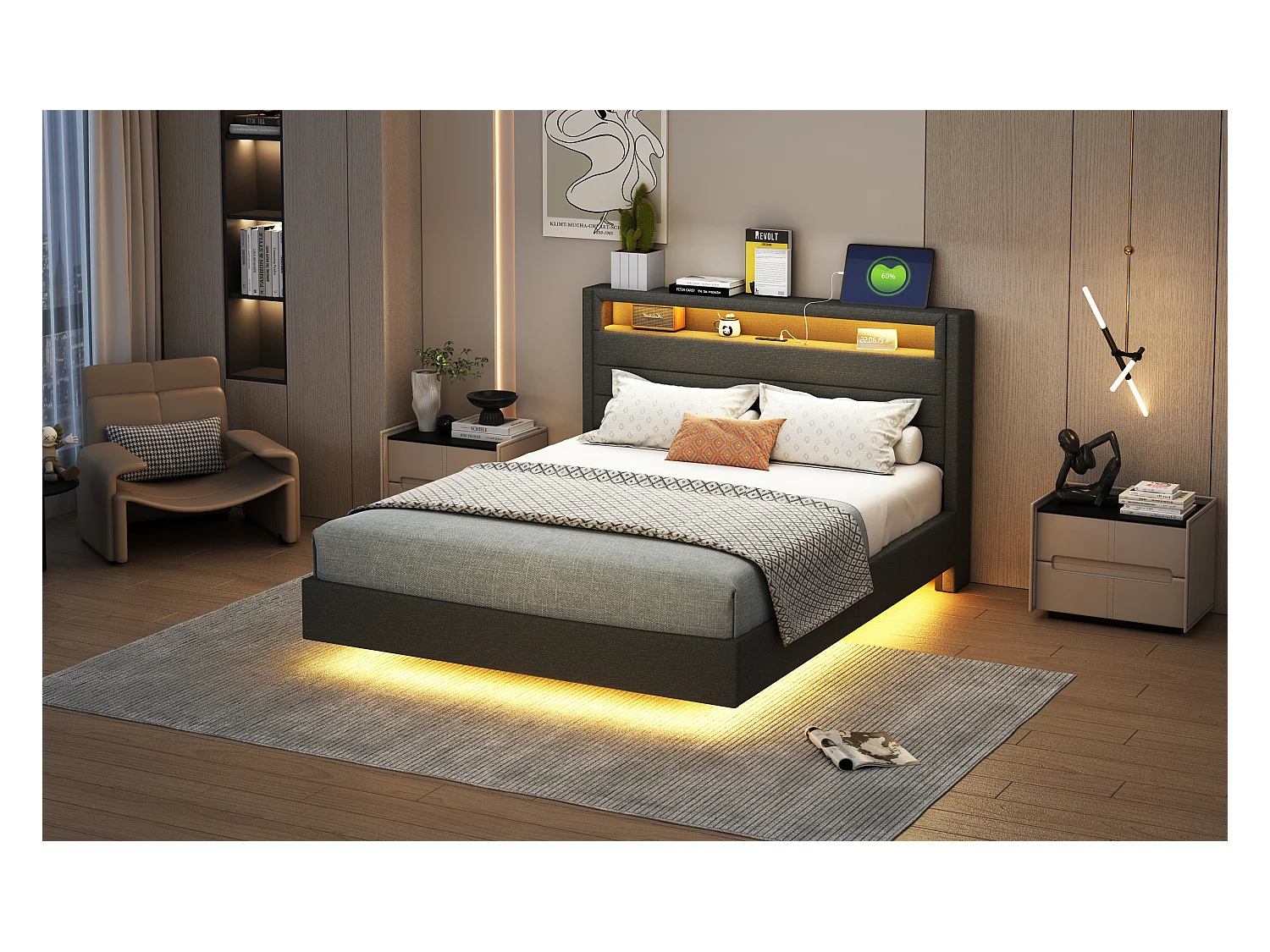 Lit 140x200 cm avec USB, éclairage LED, tête de lit réversible, cadre en simili cuir gris (201x141x108 cm)