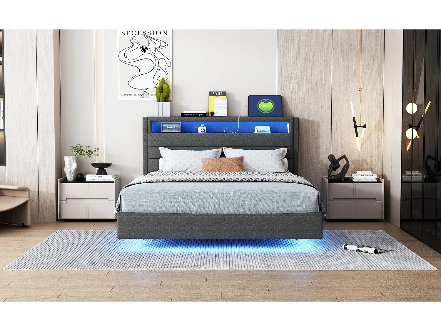 Lit 140x200 cm avec USB, éclairage LED, tête de lit réversible, cadre en simili cuir gris (201x141x108 cm)