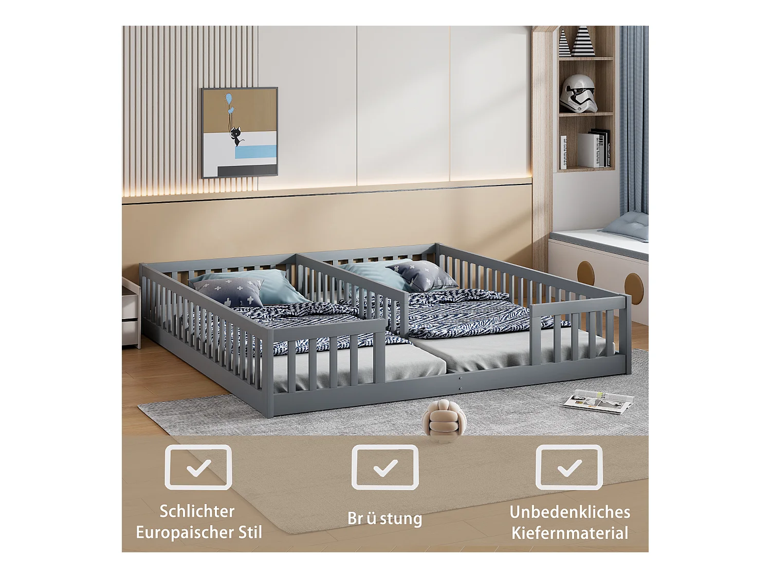 Lit panel, 90 x 200 cm, lit enfant avec garde-corps, avec sommier (sans matelas), pour familles avec 2 enfants, pin (204x187x40 cm)