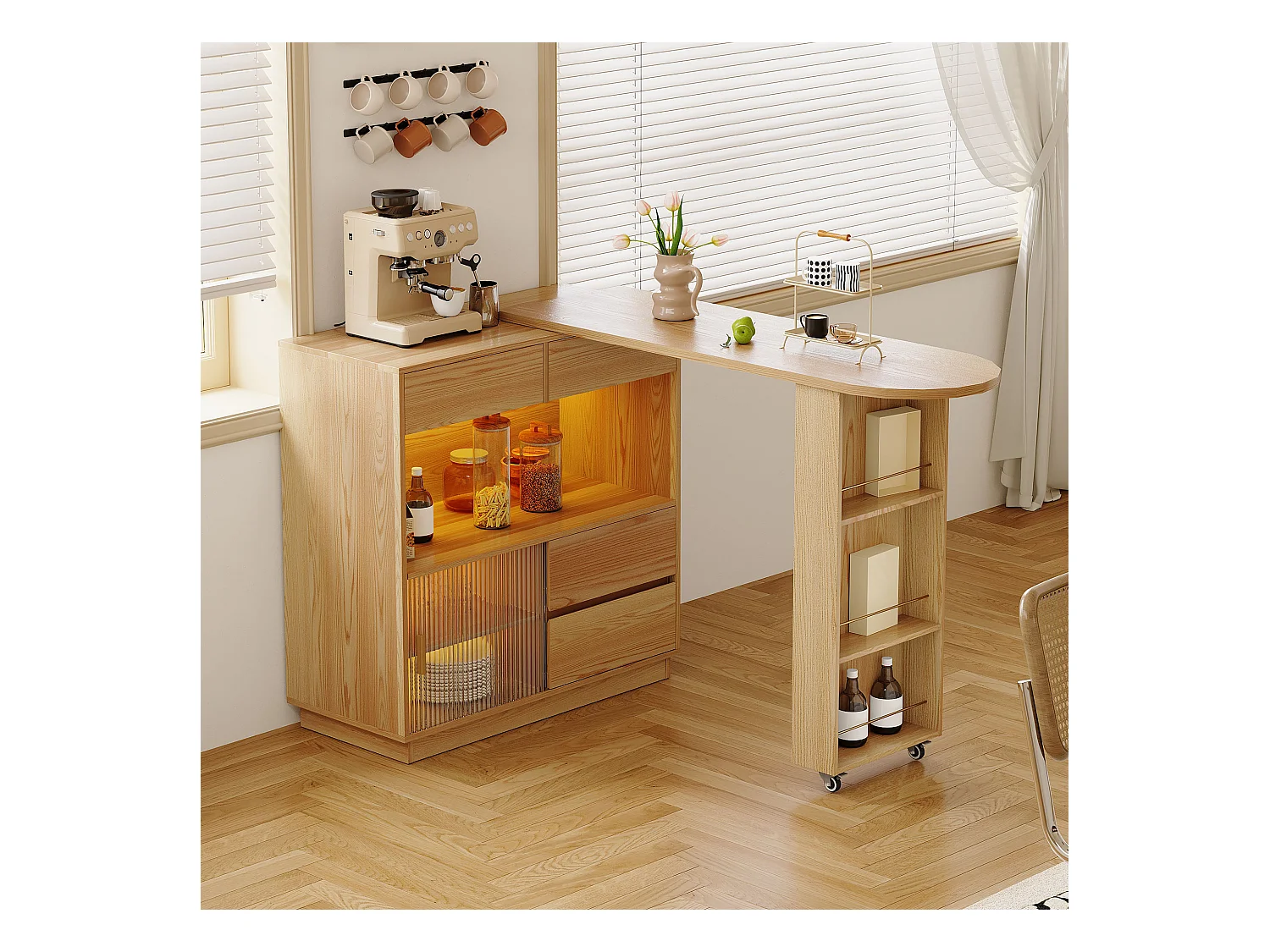 Bureau L-forme avec rangement, plateau pivotant et éclairage LED, MDF, bois naturel (120.7x45x94.8 cm)