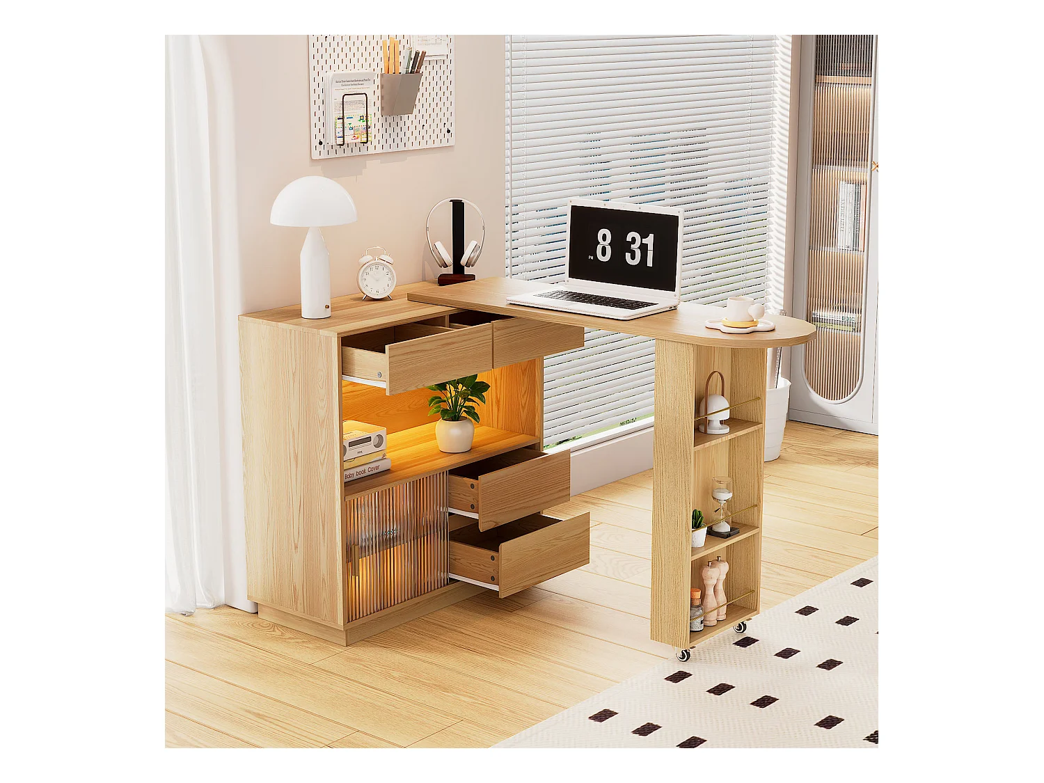 Bureau L-forme avec rangement, plateau pivotant et éclairage LED, MDF, bois naturel (120.7x45x94.8 cm)