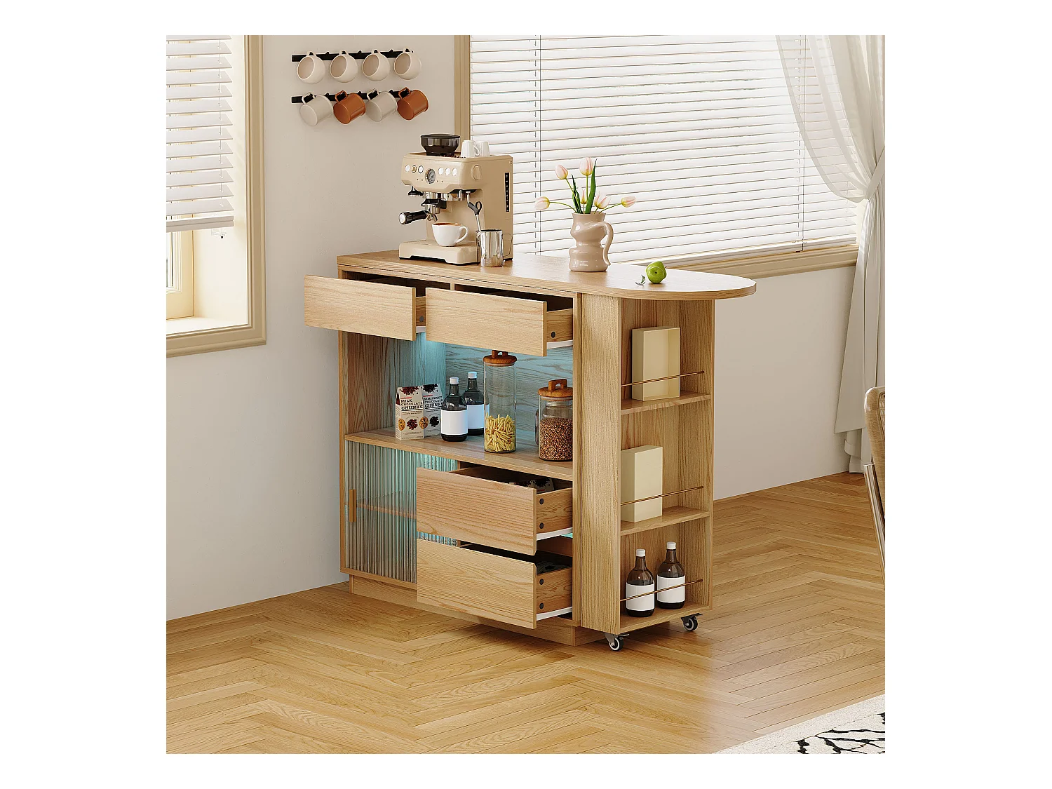 Bureau L-forme avec rangement, plateau pivotant et éclairage LED, MDF, bois naturel (120.7x45x94.8 cm)
