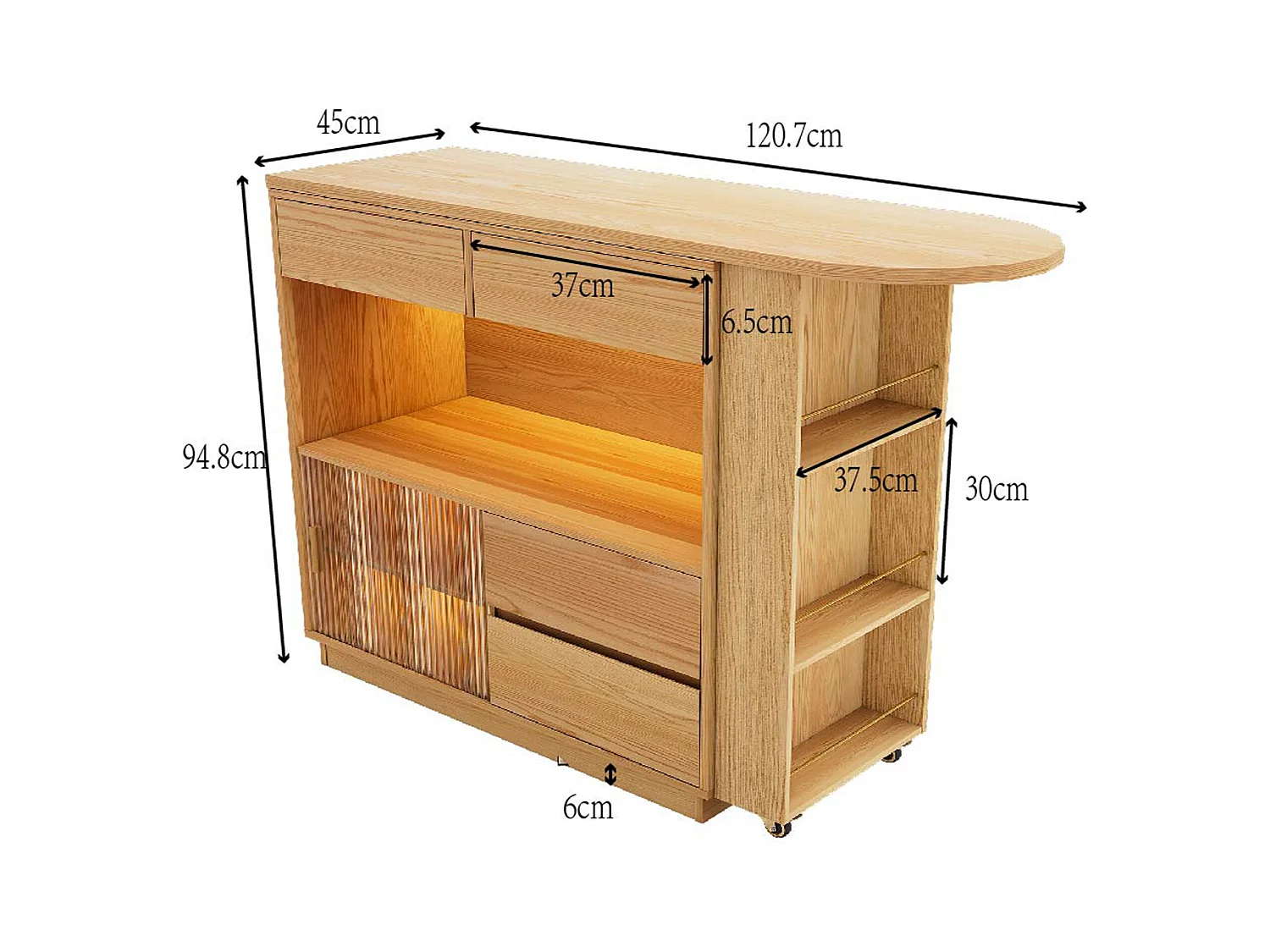 Bureau L-forme avec rangement, plateau pivotant et éclairage LED, MDF, bois naturel (120.7x45x94.8 cm)