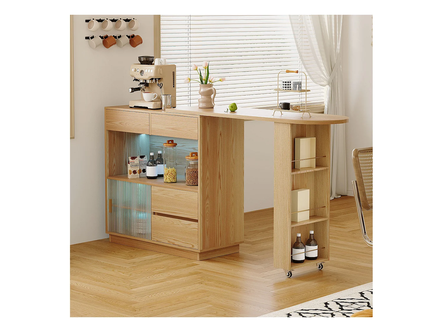 Bureau L-forme avec rangement, plateau pivotant et éclairage LED, MDF, bois naturel (120.7x45x94.8 cm)