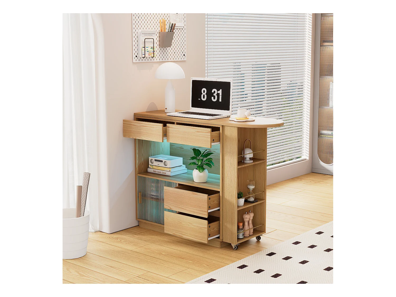 Bureau L-forme avec rangement, plateau pivotant et éclairage LED, MDF, bois naturel (120.7x45x94.8 cm)