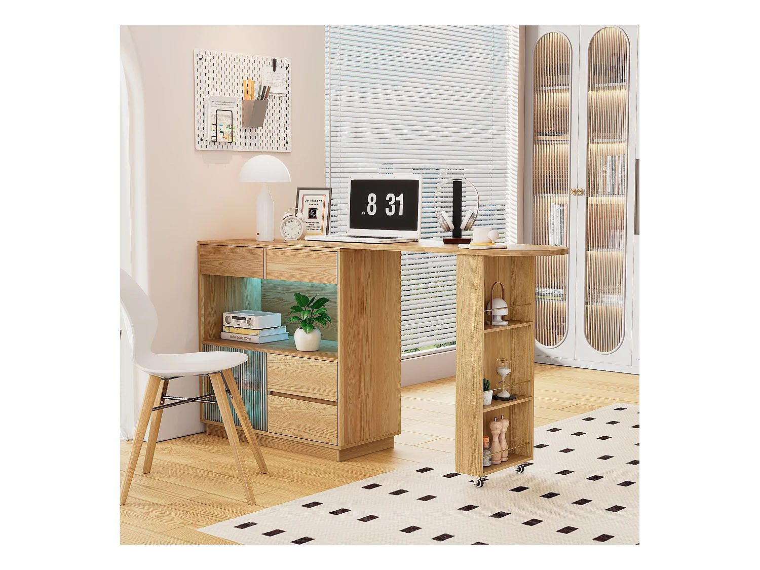 Bureau L-forme avec rangement, plateau pivotant et éclairage LED, MDF, bois naturel (120.7x45x94.8 cm)