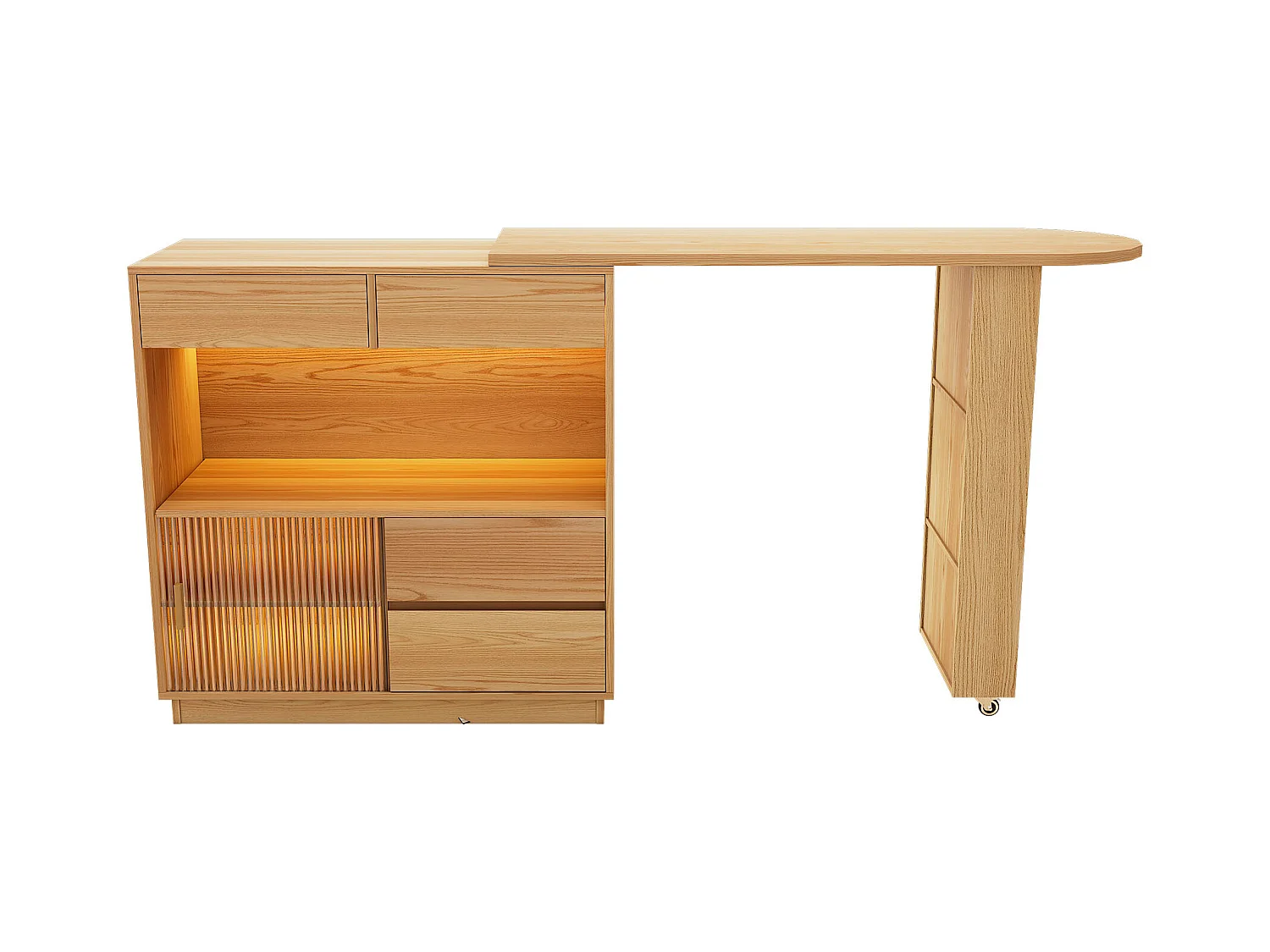 Bureau L-forme avec rangement, plateau pivotant et éclairage LED, MDF, bois naturel (120.7x45x94.8 cm)