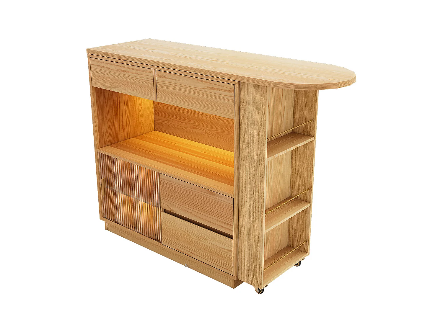 Bureau L-forme avec rangement, plateau pivotant et éclairage LED, MDF, bois naturel (120.7x45x94.8 cm)
