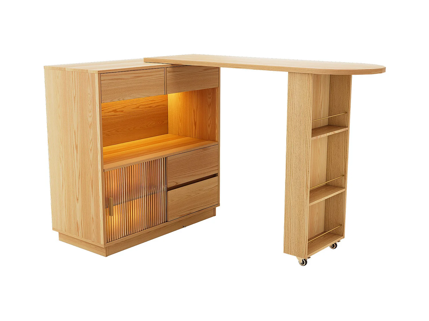 Bureau L-forme avec rangement, plateau pivotant et éclairage LED, MDF, bois naturel (120.7x45x94.8 cm)