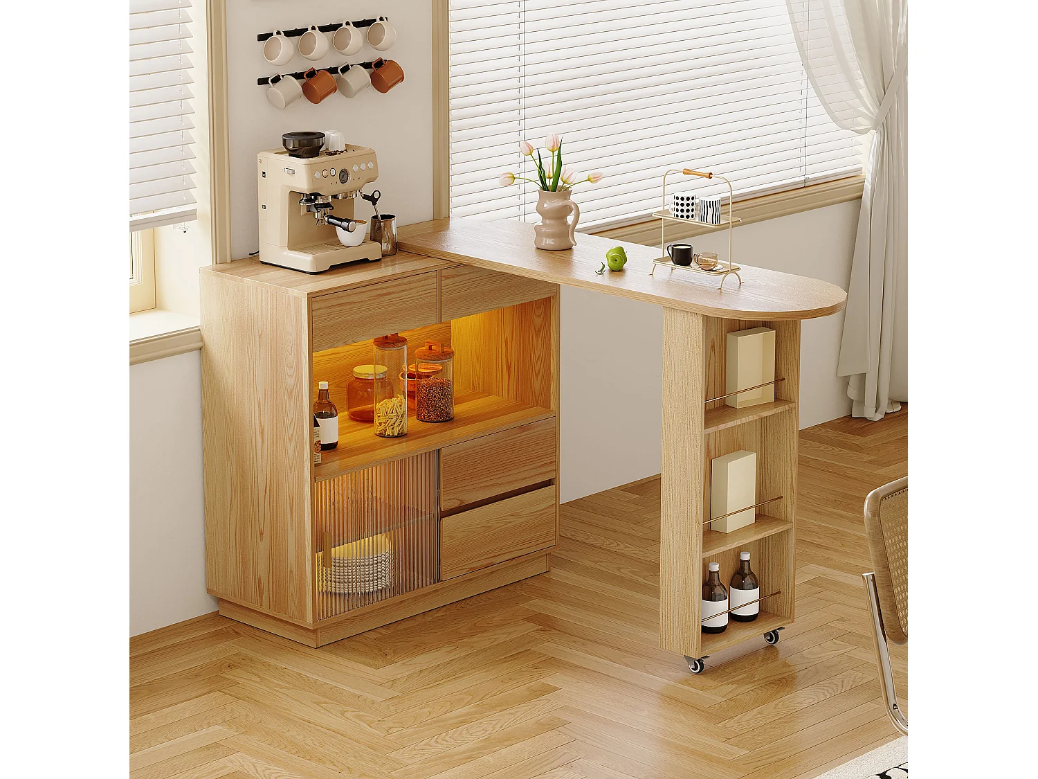 Bureau L-forme avec rangement, plateau pivotant et éclairage LED, MDF, bois naturel (120.7x45x94.8 cm)