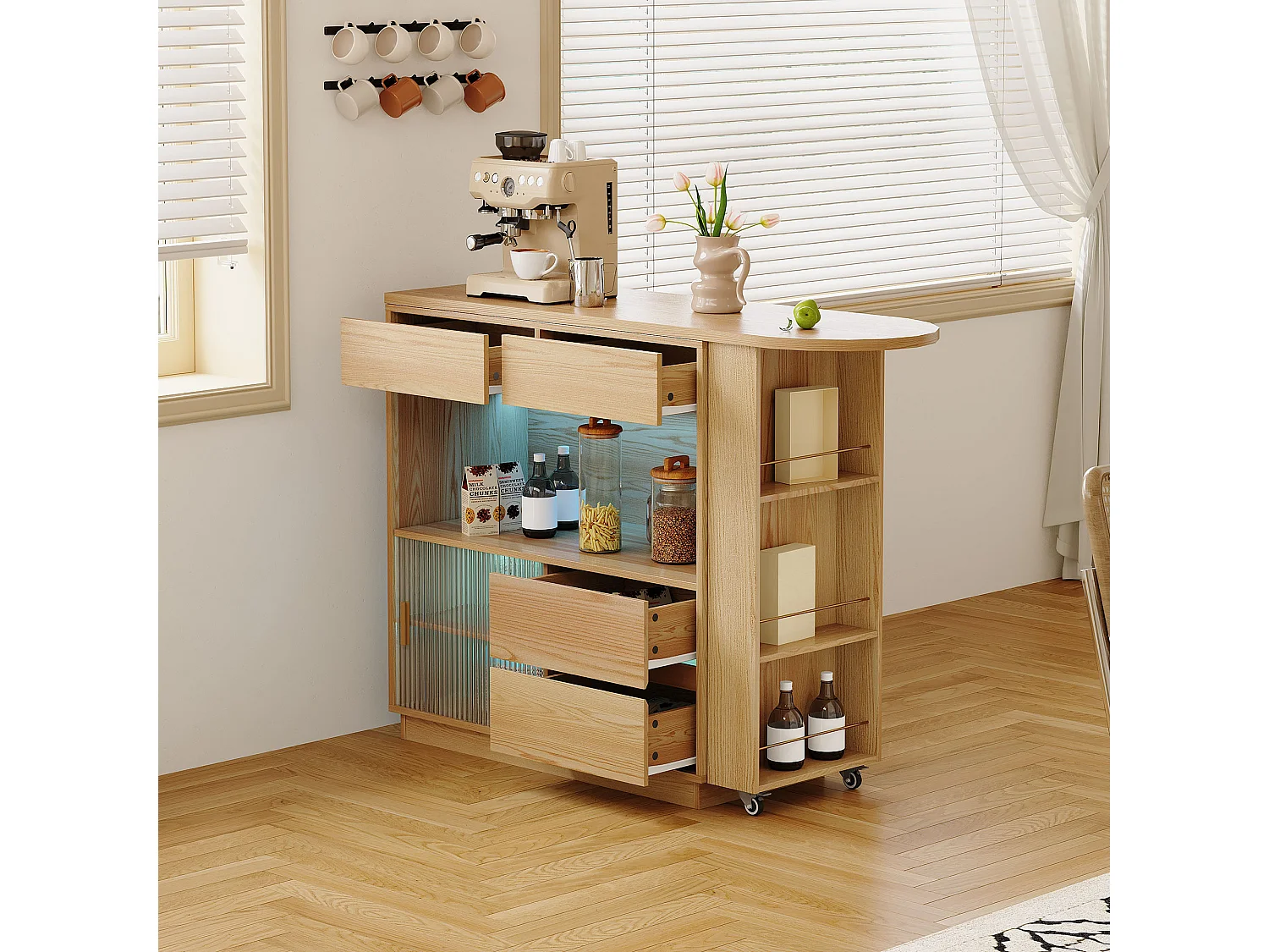 Bureau L-forme avec rangement, plateau pivotant et éclairage LED, MDF, bois naturel (120.7x45x94.8 cm)