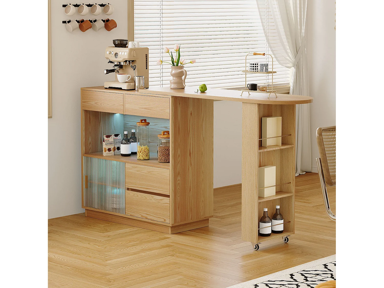 Bureau L-forme avec rangement, plateau pivotant et éclairage LED, MDF, bois naturel (120.7x45x94.8 cm)