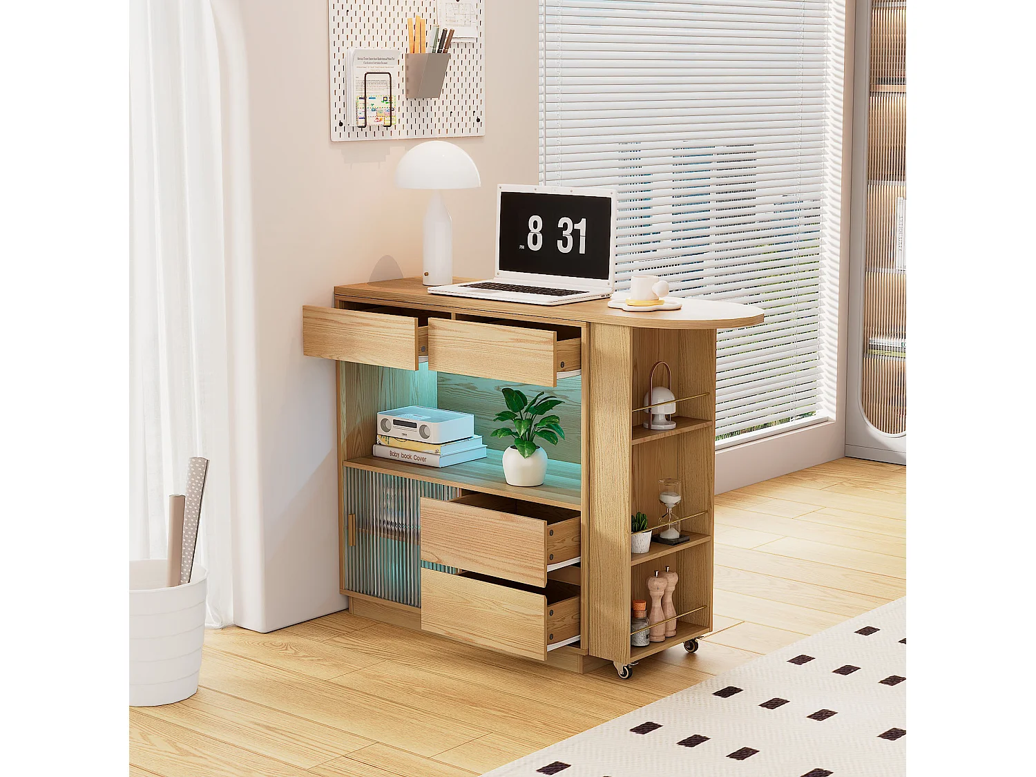 Bureau L-forme avec rangement, plateau pivotant et éclairage LED, MDF, bois naturel (120.7x45x94.8 cm)