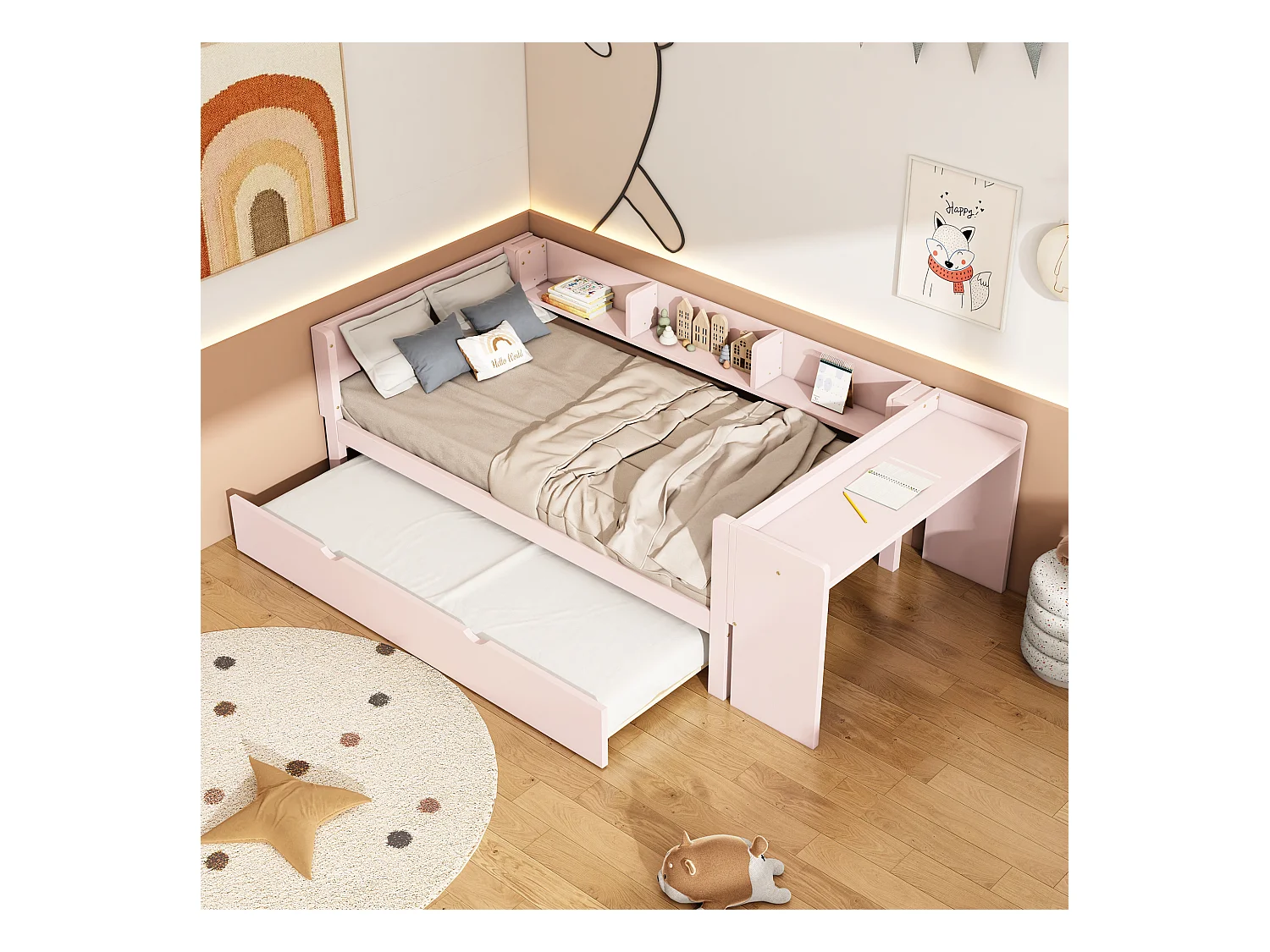 Lit plat 90x200 cm, avec lit escamotable, bureau intégré, trois étagères latérales, en pin, rose (241.9x112x73 cm)