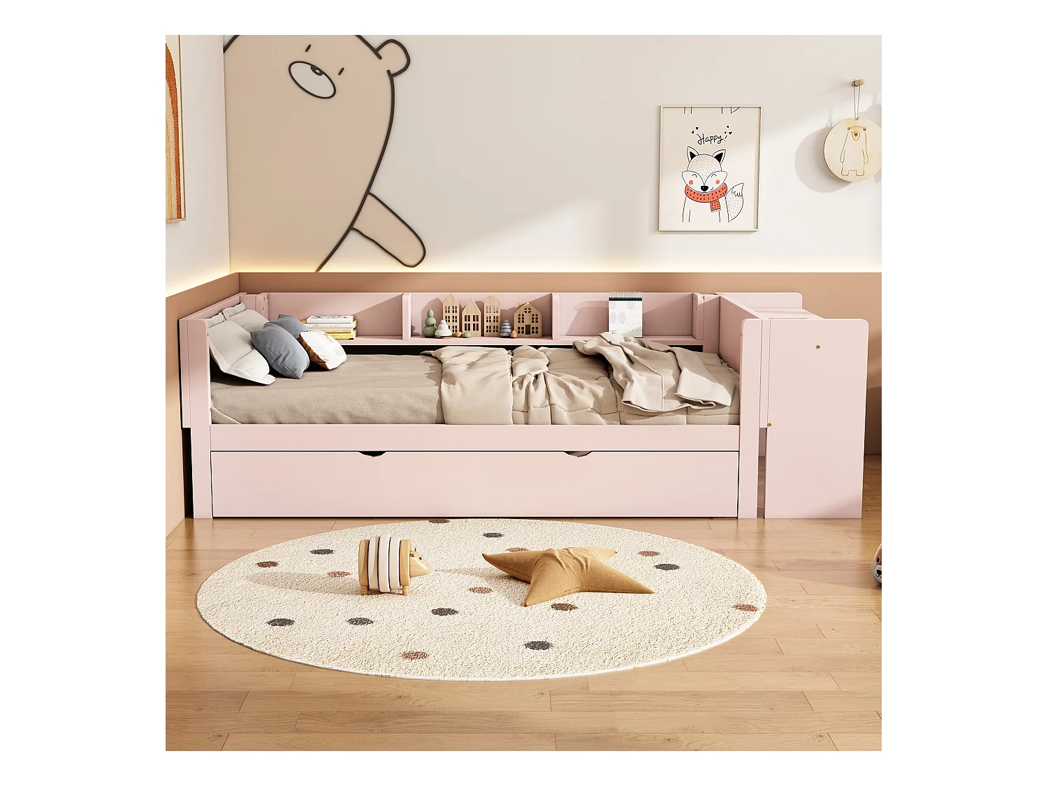 Lit plat 90x200 cm, avec lit escamotable, bureau intégré, trois étagères latérales, en pin, rose (241.9x112x73 cm)