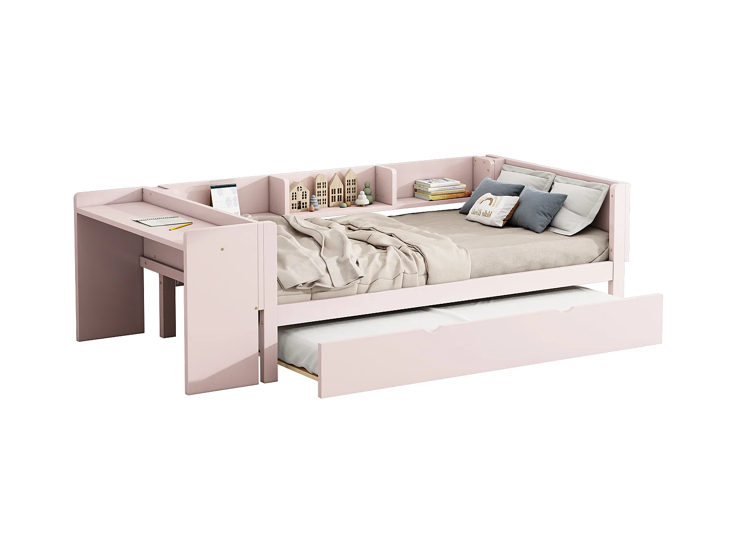 Lit plat 90x200 cm, avec lit escamotable, bureau intégré, trois étagères latérales, en pin, rose (241.9x112x73 cm)