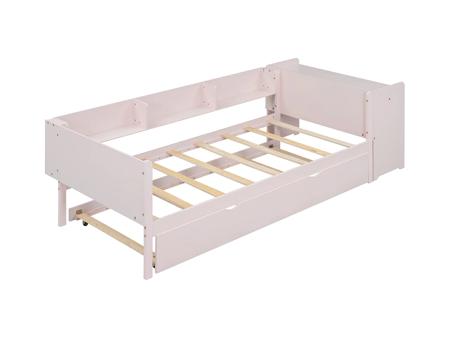 Lit plat 90x200 cm, avec lit escamotable, bureau intégré, trois étagères latérales, en pin, rose (241.9x112x73 cm)