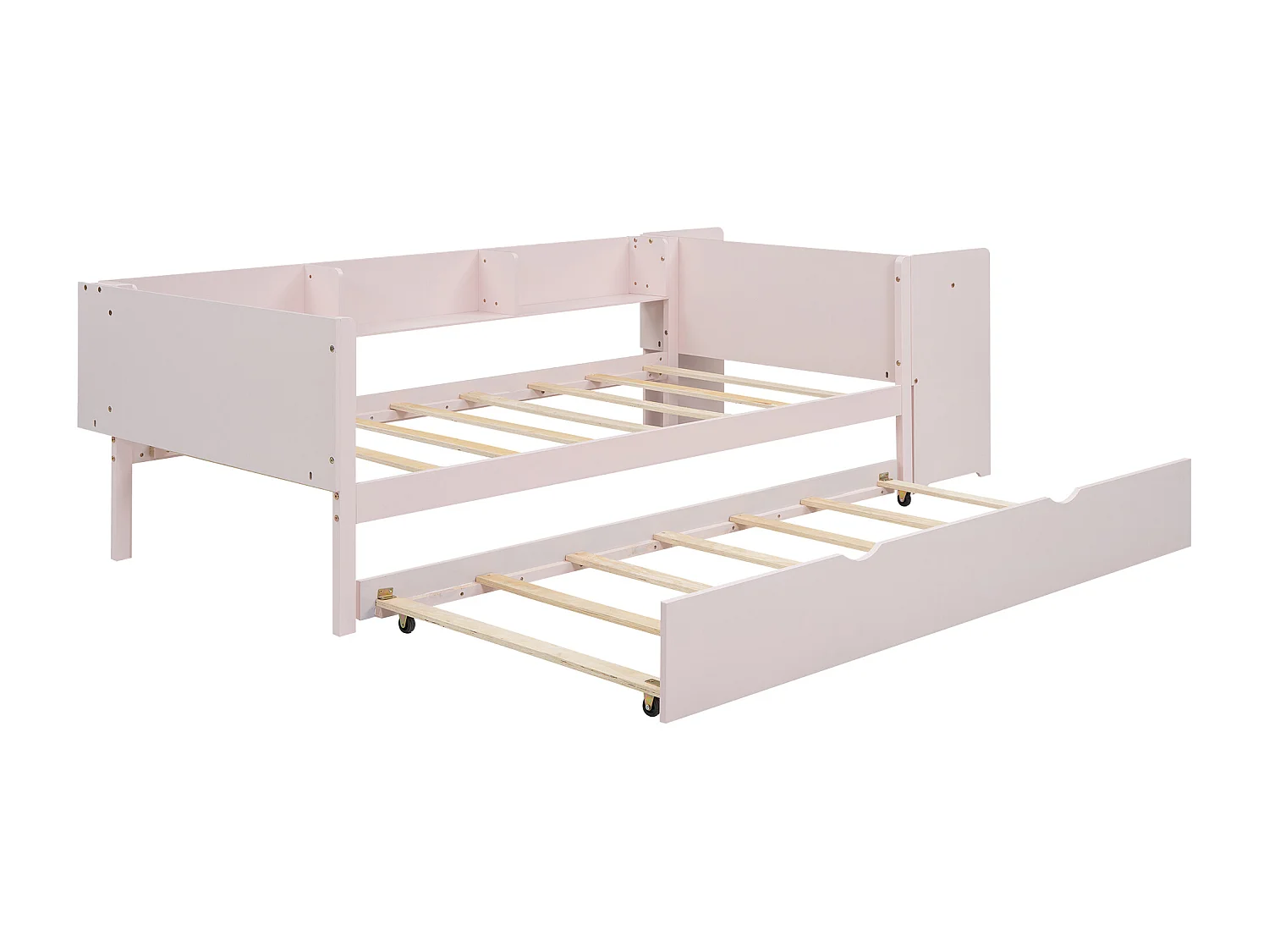 Lit plat 90x200 cm, avec lit escamotable, bureau intégré, trois étagères latérales, en pin, rose (241.9x112x73 cm)