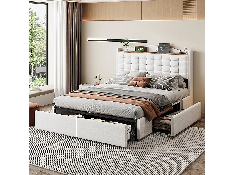 Lit capitonné avec 4 tiroirs, tête de lit avec prise USB, lin beige (200x146x110 cm)