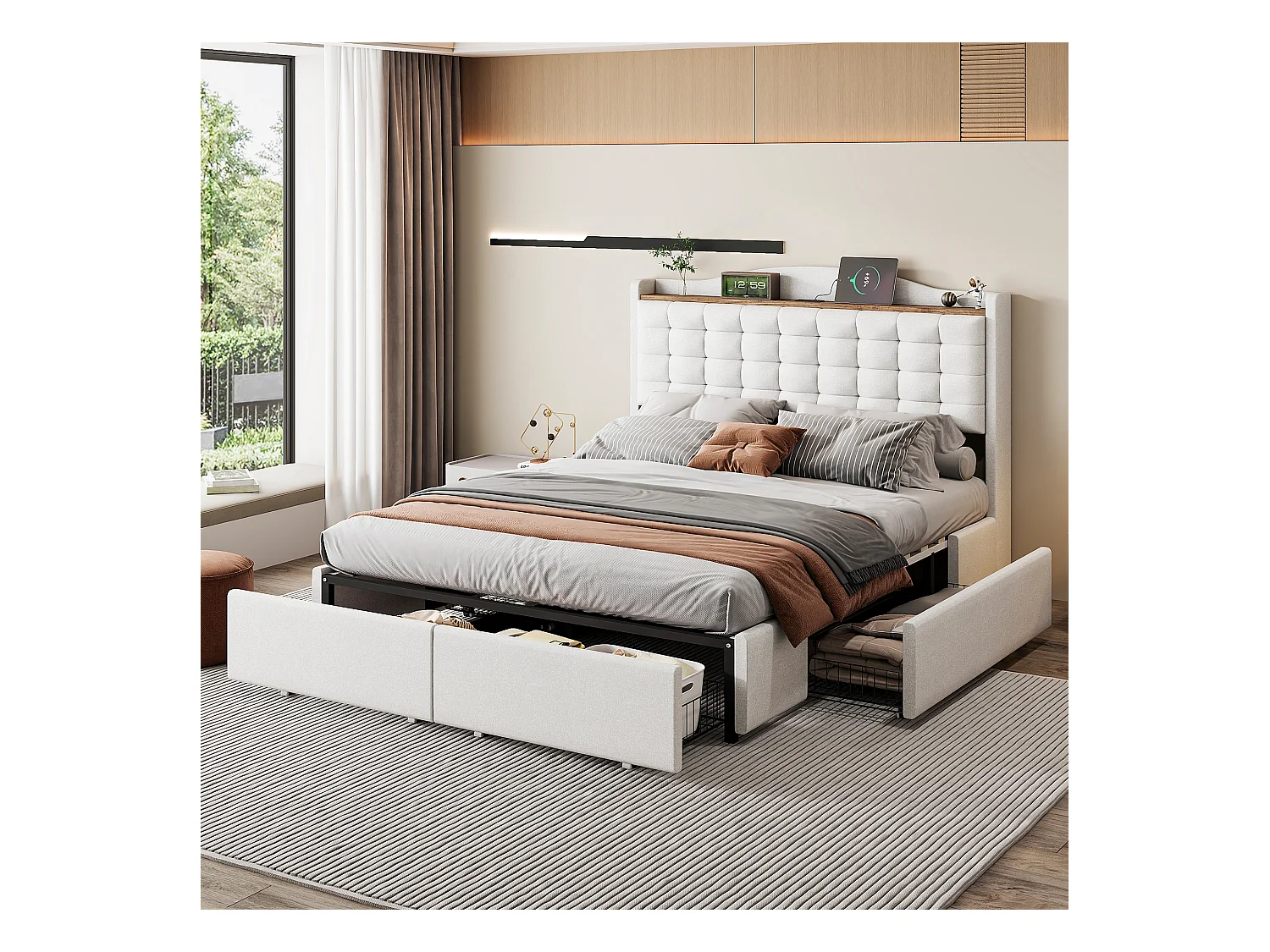 Lit capitonné avec 4 tiroirs, tête de lit avec prise USB, lin beige (200x146x110 cm)