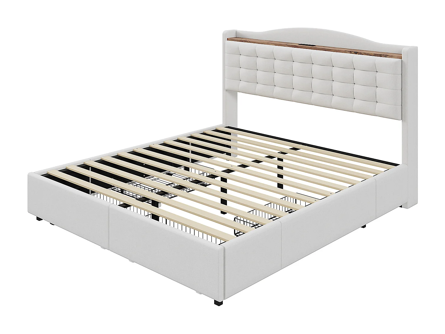Lit capitonné avec 4 tiroirs, tête de lit avec prise USB, lin beige (200x146x110 cm)