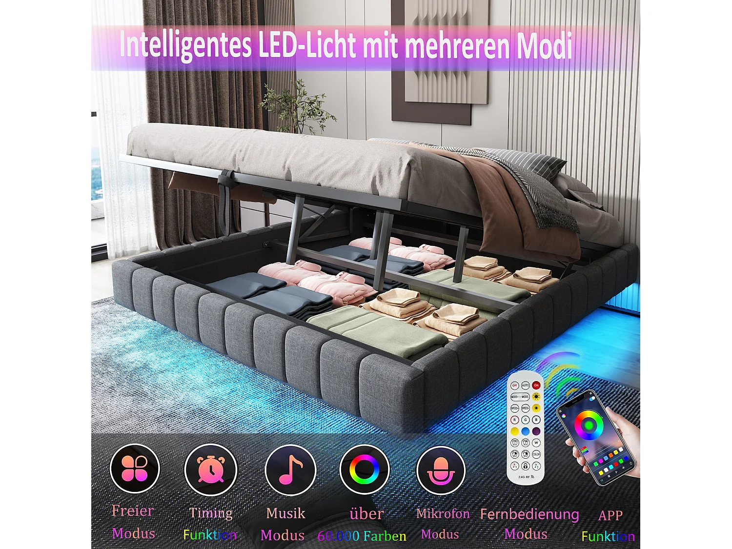 Lit flottant 140x200 cm, cadre hydraulique avec rangement, lit multifonction sans tête de lit avec éclairage LED, lin gris (201x161x31 cm)