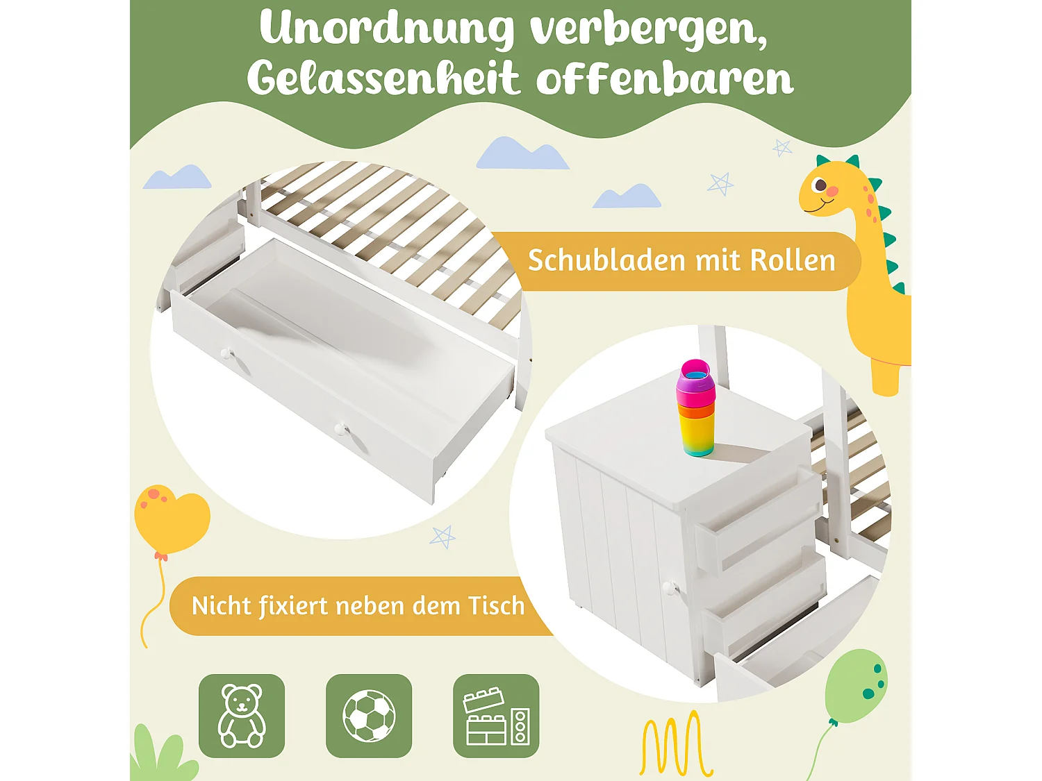 Lit enfant en forme de maison 90x200 cm, cadre en bois avec tiroirs et table de nuit amovible, blanc (162x205x176 cm)