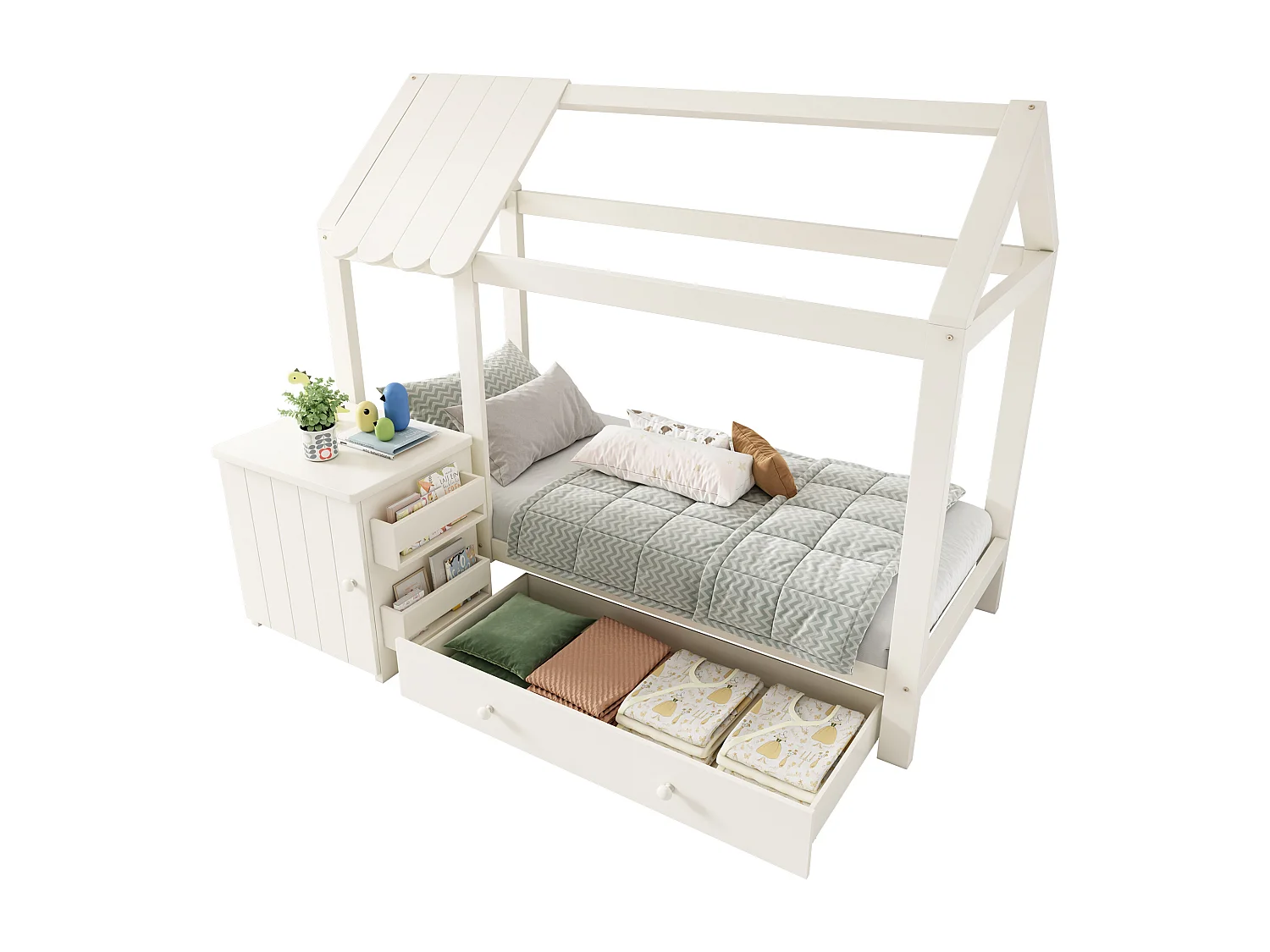 Lit enfant en forme de maison 90x200 cm, cadre en bois avec tiroirs et table de nuit amovible, blanc (162x205x176 cm)