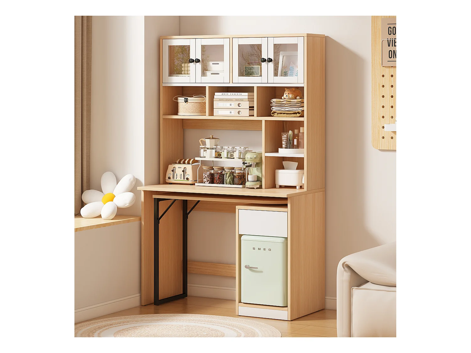 Bureau secrétaire avec rangement, plan de travail pivotant, MDF, blanc et bois naturel (110x55x180 cm)