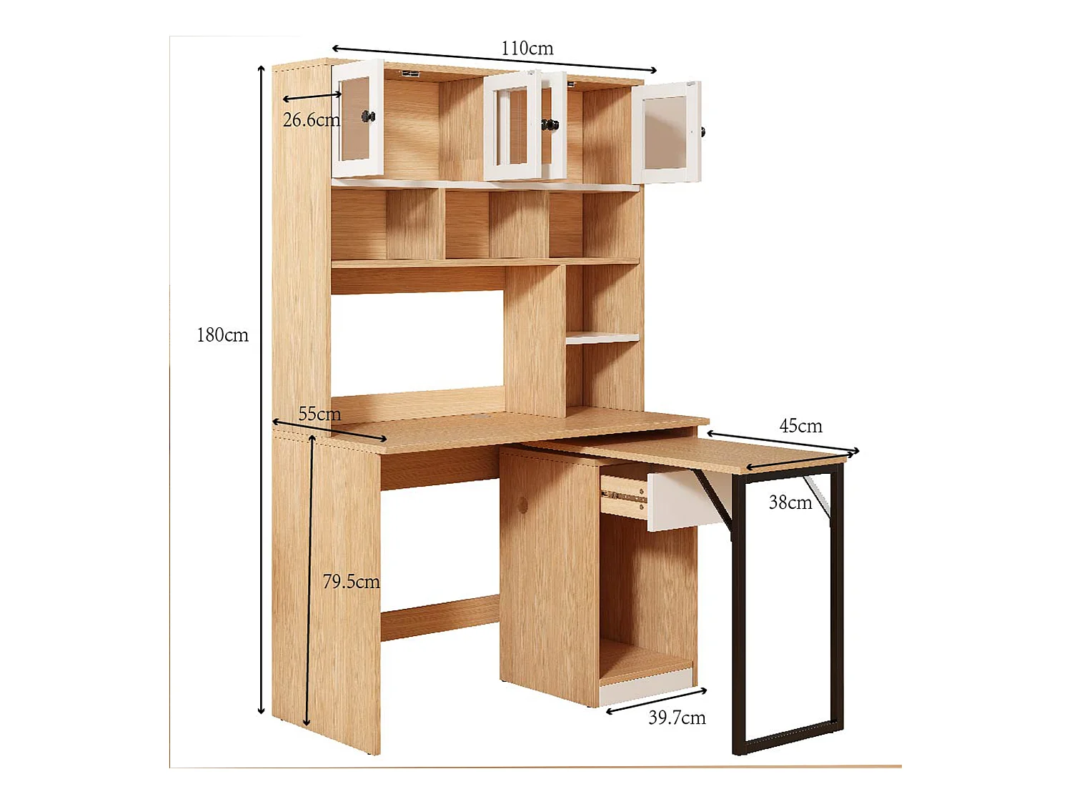 Bureau secrétaire avec rangement, plan de travail pivotant, MDF, blanc et bois naturel (110x55x180 cm)