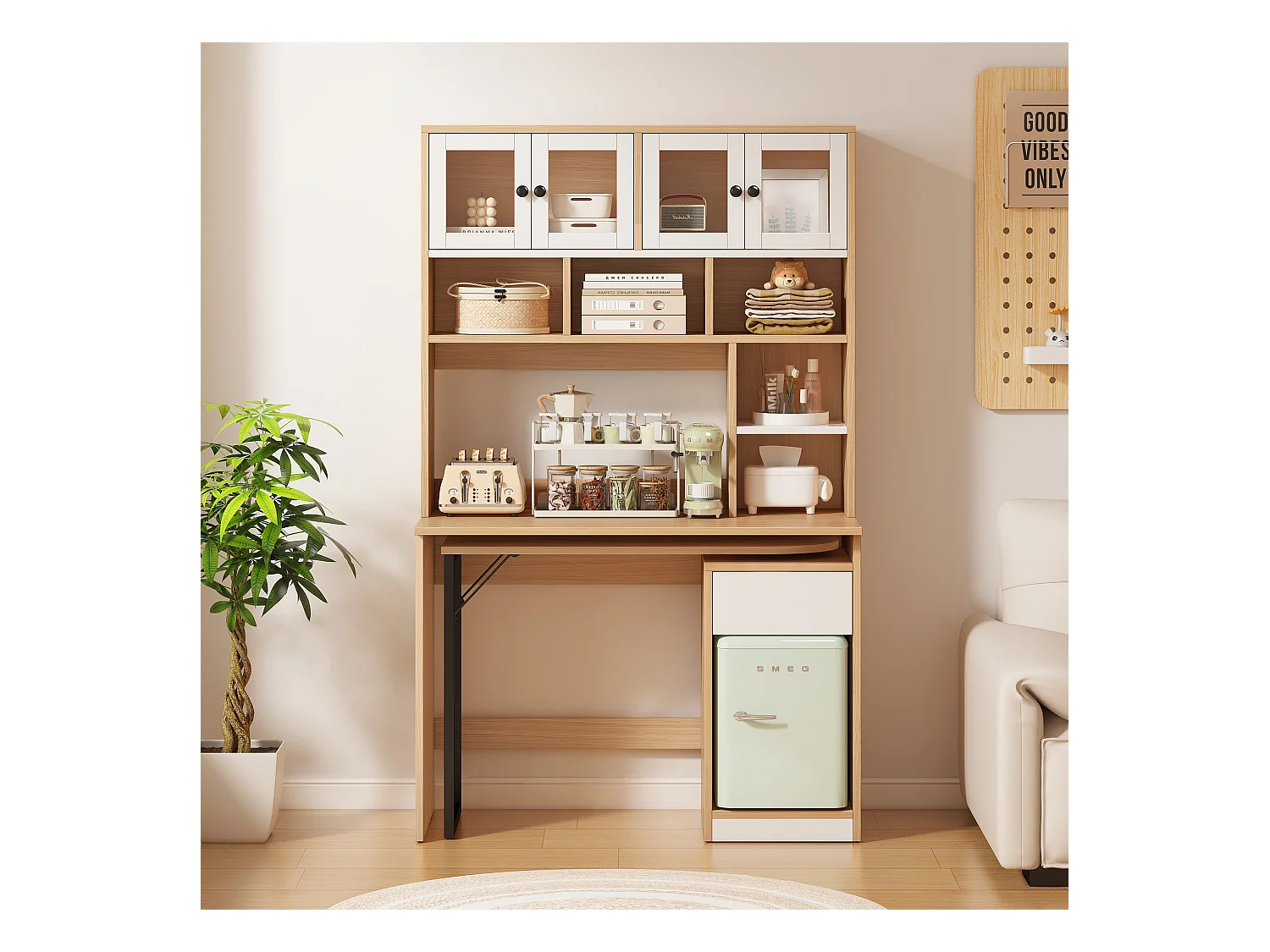 Bureau secrétaire avec rangement, plan de travail pivotant, MDF, blanc et bois naturel (110x55x180 cm)