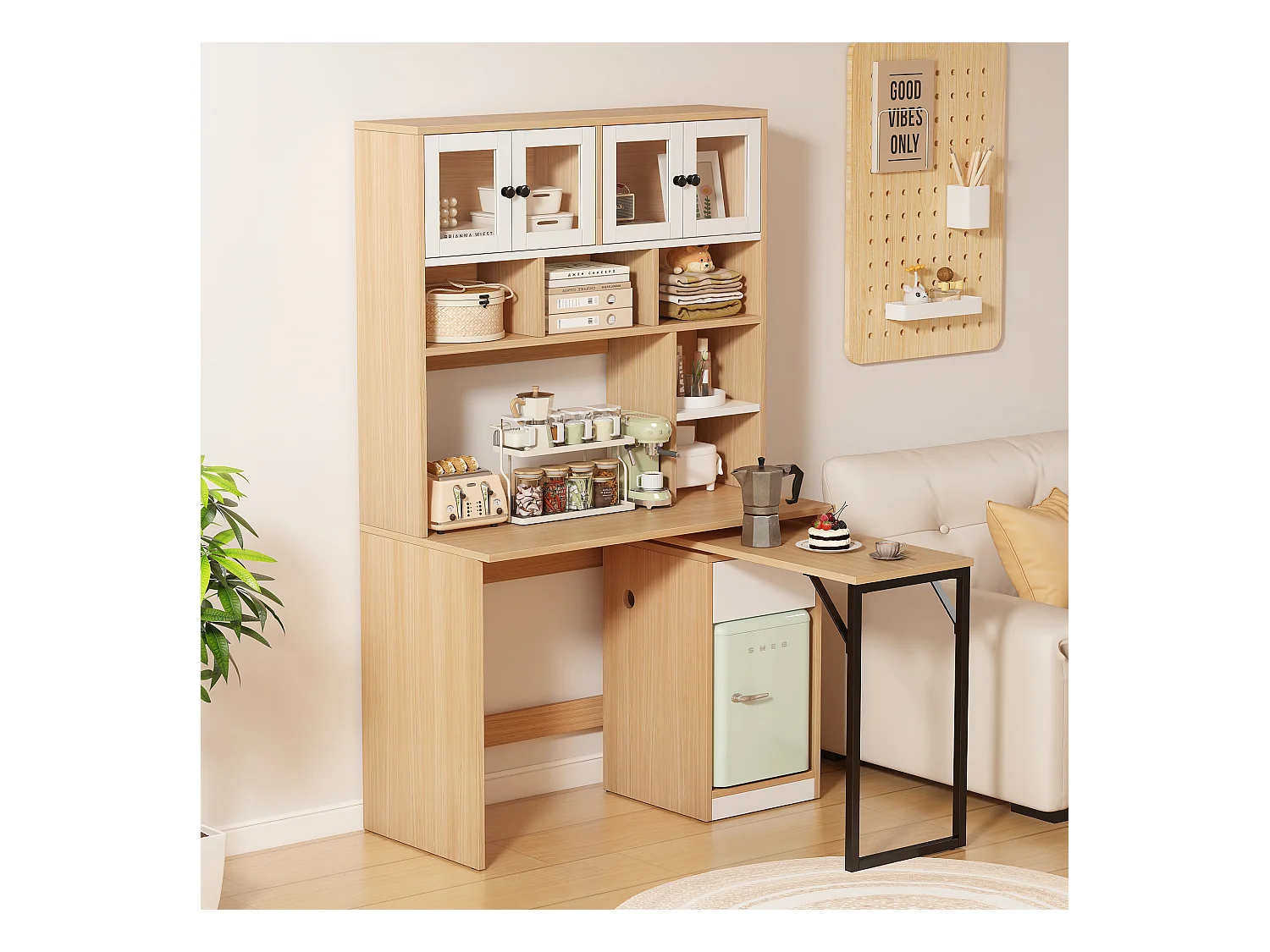Bureau secrétaire avec rangement, plan de travail pivotant, MDF, blanc et bois naturel (110x55x180 cm)