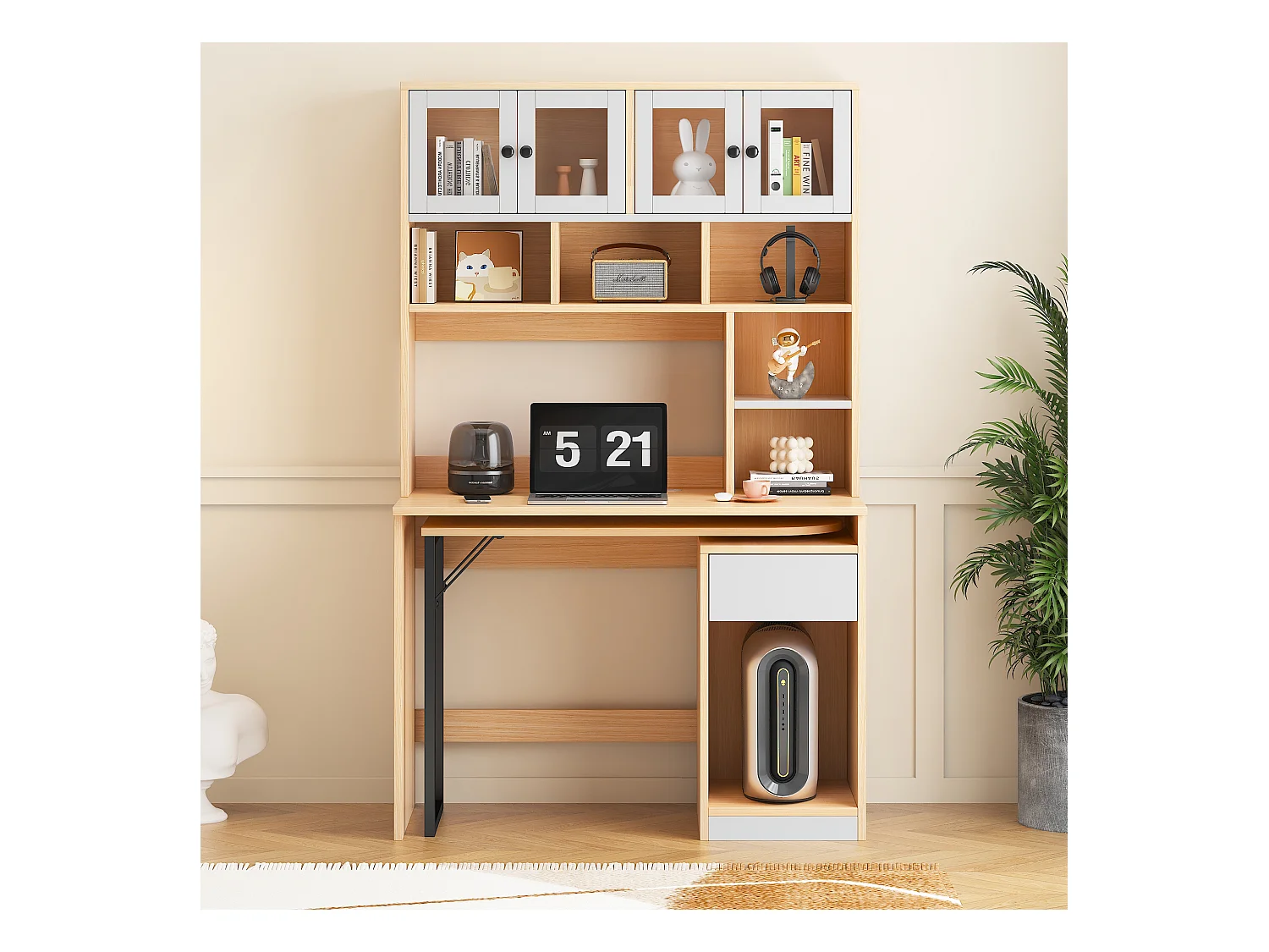 Bureau secrétaire avec rangement, plan de travail pivotant, MDF, blanc et bois naturel (110x55x180 cm)