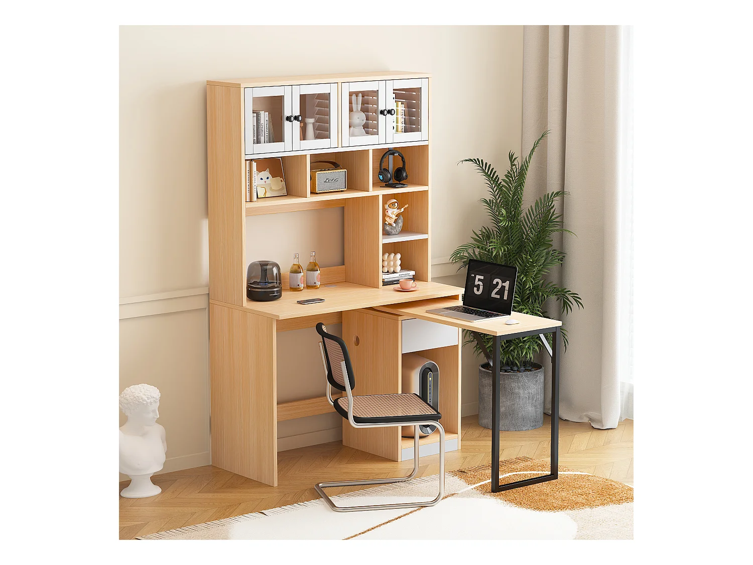 Bureau secrétaire avec rangement, plan de travail pivotant, MDF, blanc et bois naturel (110x55x180 cm)