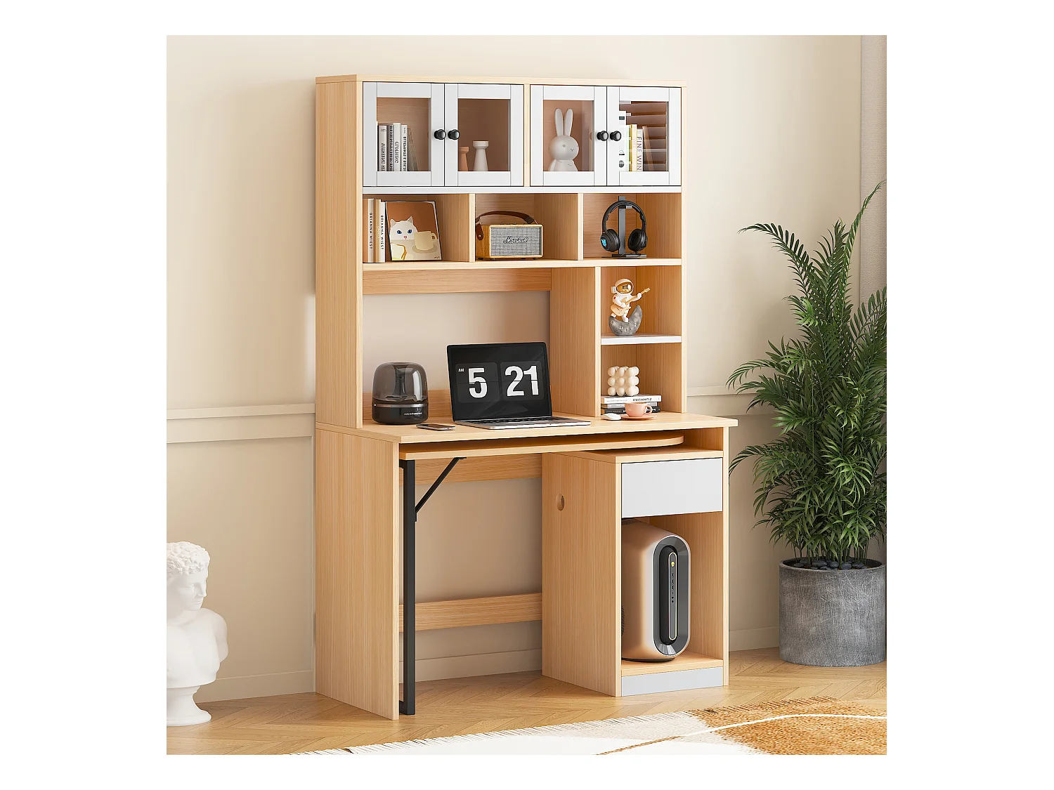 Bureau secrétaire avec rangement, plan de travail pivotant, MDF, blanc et bois naturel (110x55x180 cm)