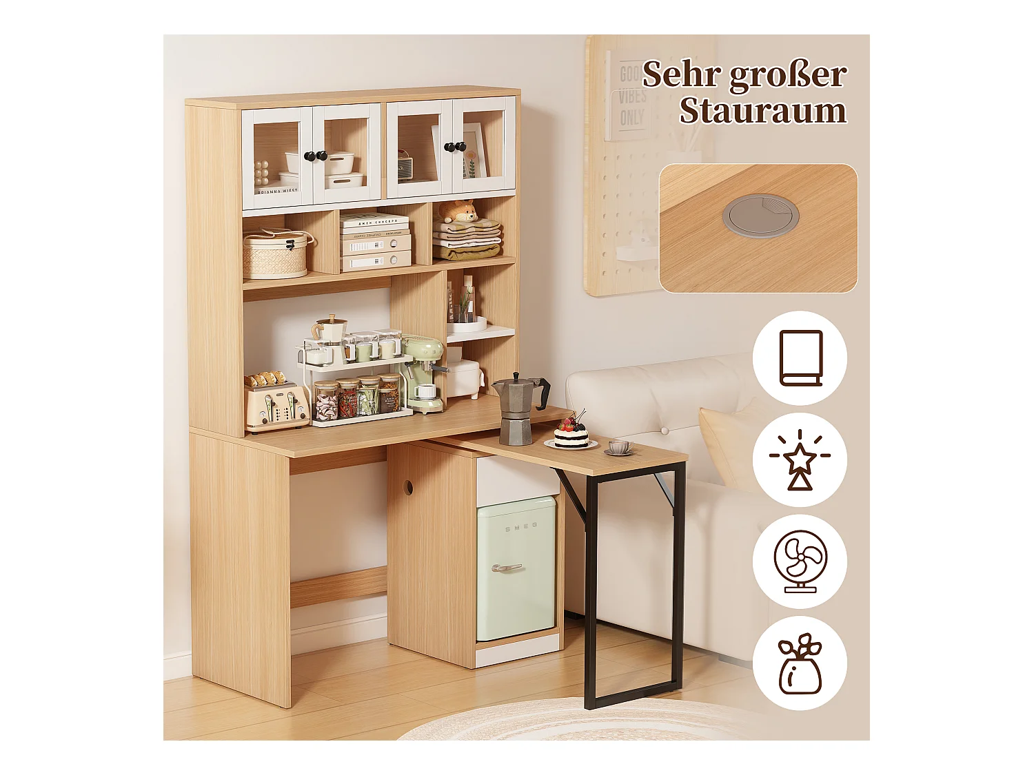 Bureau secrétaire avec rangement, plan de travail pivotant, MDF, blanc et bois naturel (110x55x180 cm)