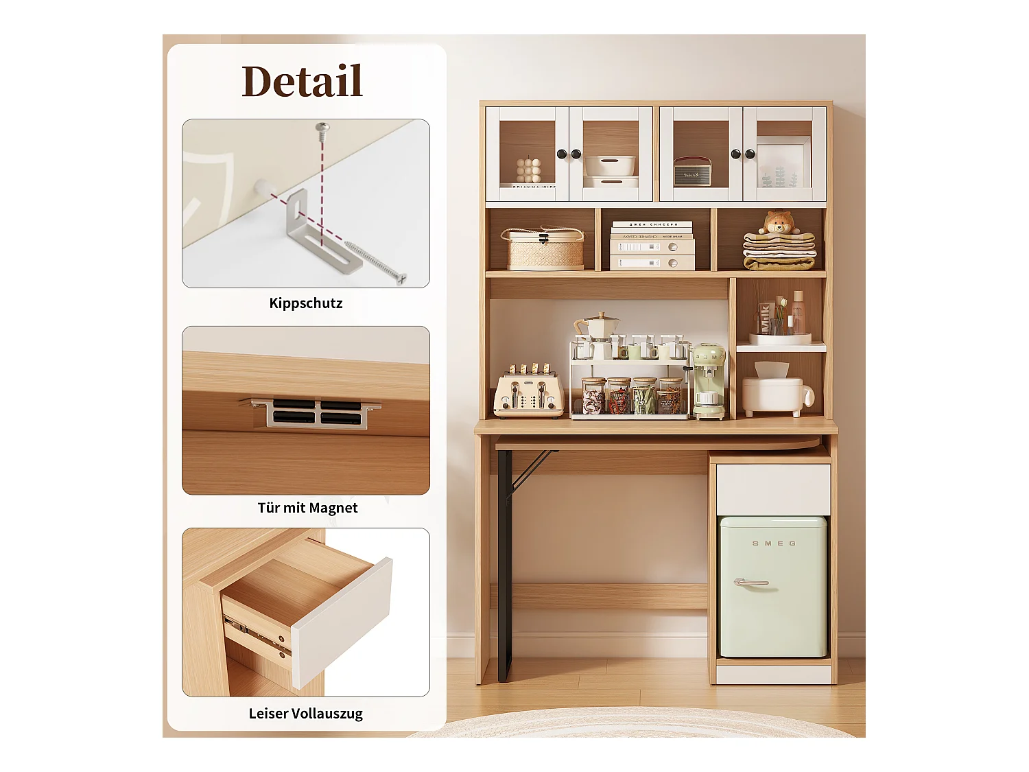 Bureau secrétaire avec rangement, plan de travail pivotant, MDF, blanc et bois naturel (110x55x180 cm)