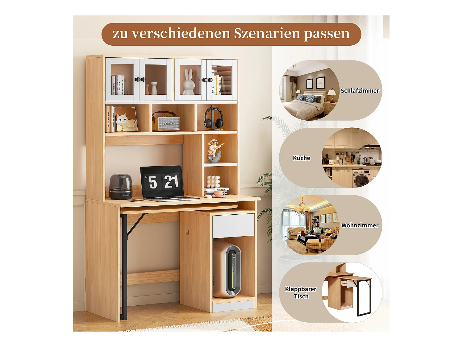 Bureau secrétaire avec rangement, plan de travail pivotant, MDF, blanc et bois naturel (110x55x180 cm)