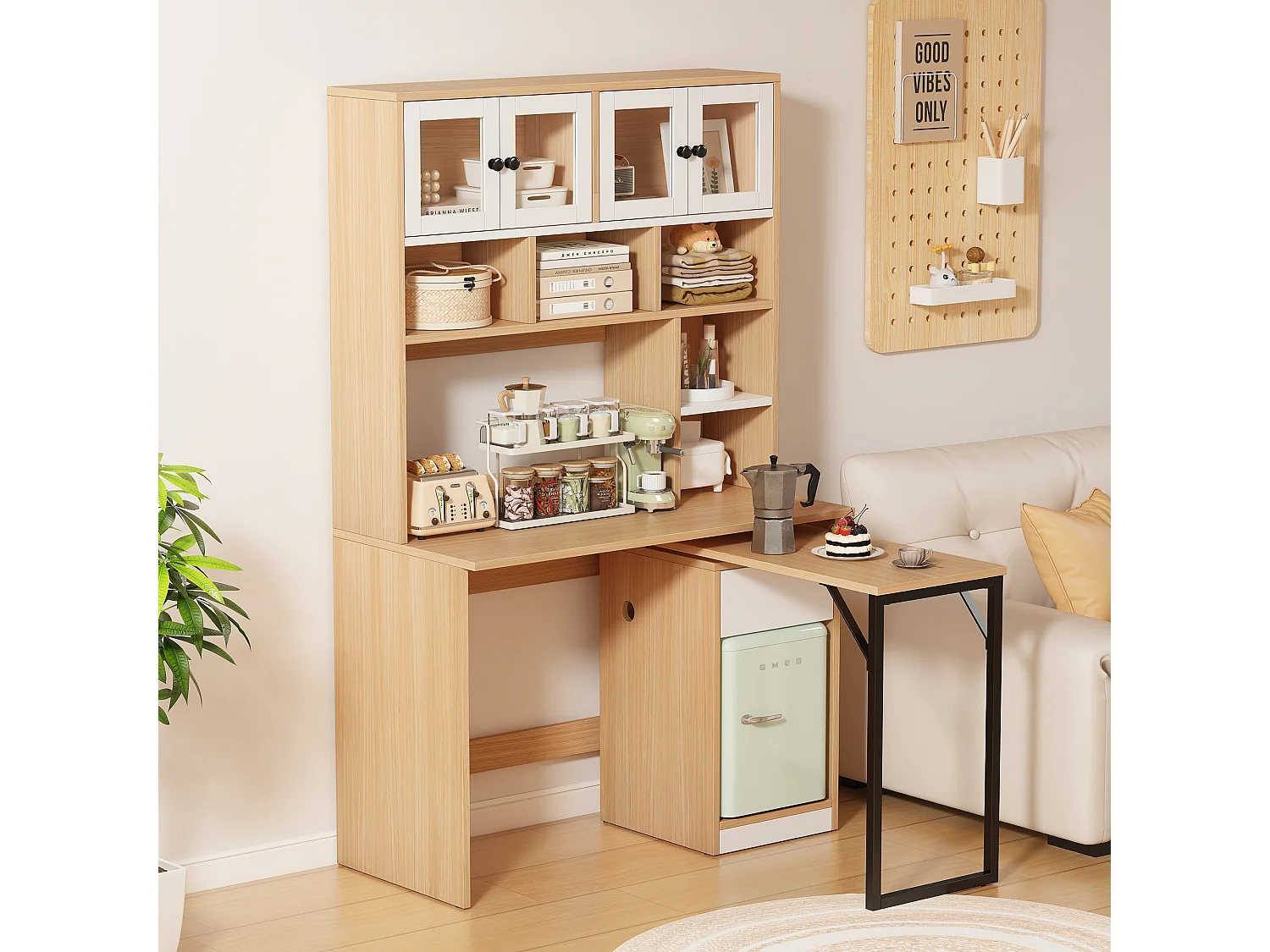 Bureau secrétaire avec rangement, plan de travail pivotant, MDF, blanc et bois naturel (110x55x180 cm)