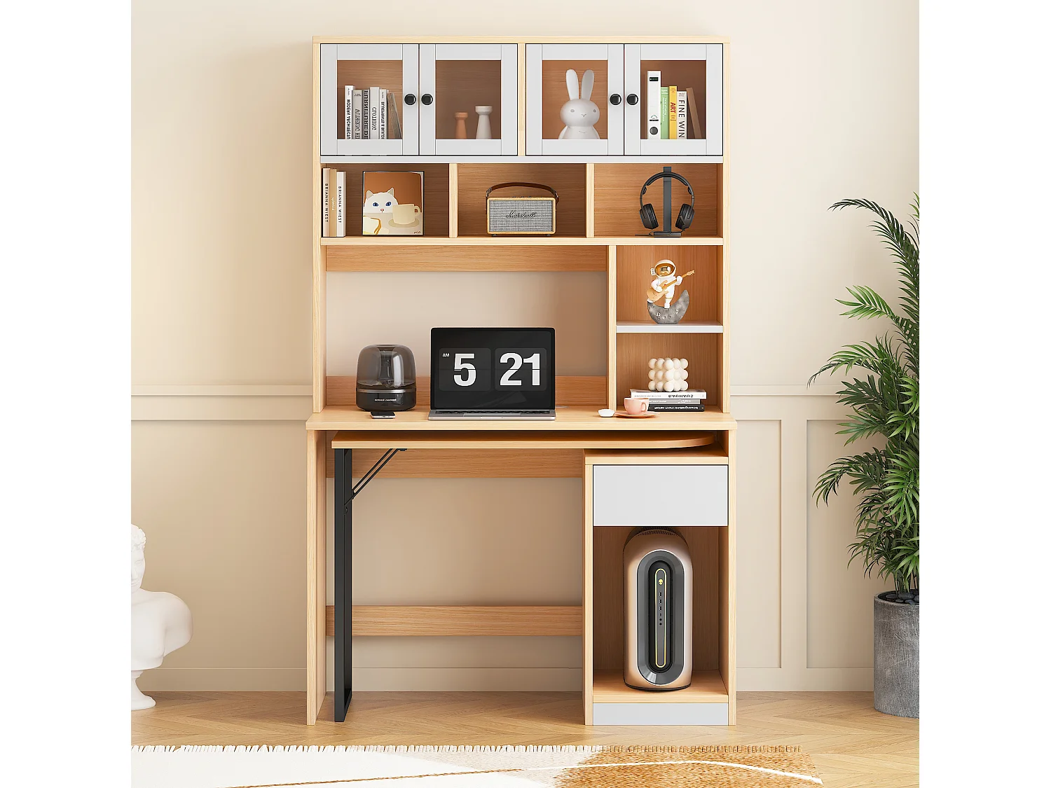 Bureau secrétaire avec rangement, plan de travail pivotant, MDF, blanc et bois naturel (110x55x180 cm)