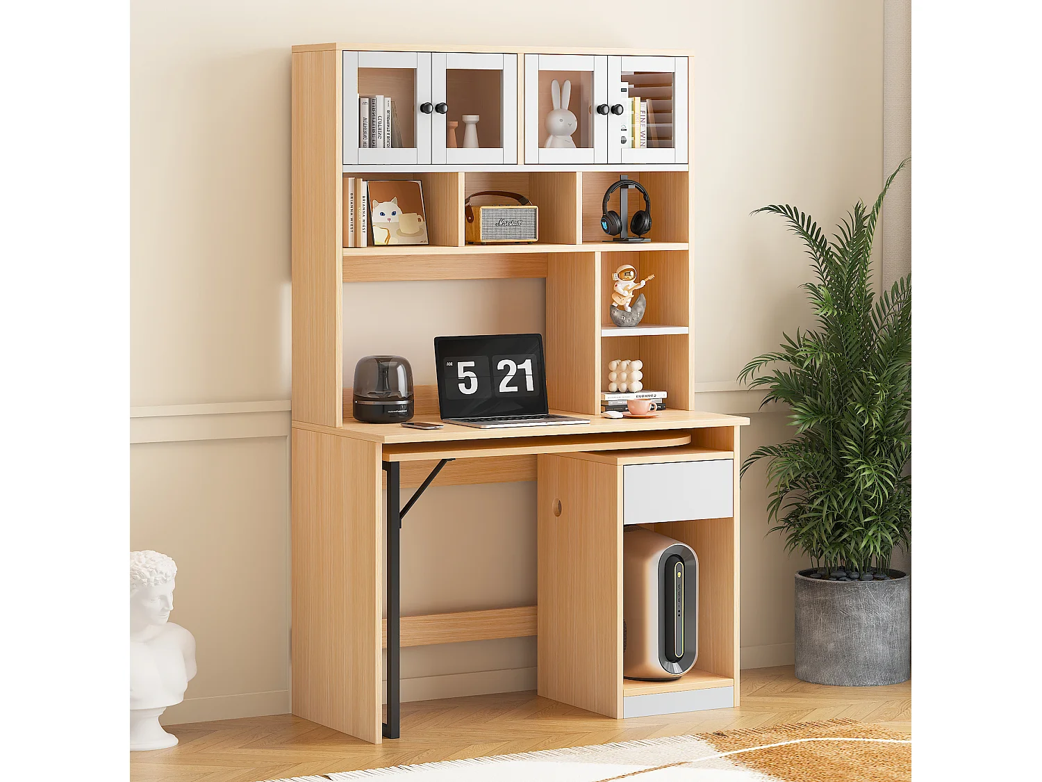 Bureau secrétaire avec rangement, plan de travail pivotant, MDF, blanc et bois naturel (110x55x180 cm)