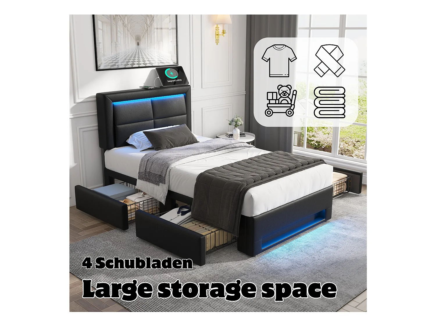 Lit 90x200 cm avec USB, LED et tiroirs, en PU noir (90x200x95 cm)