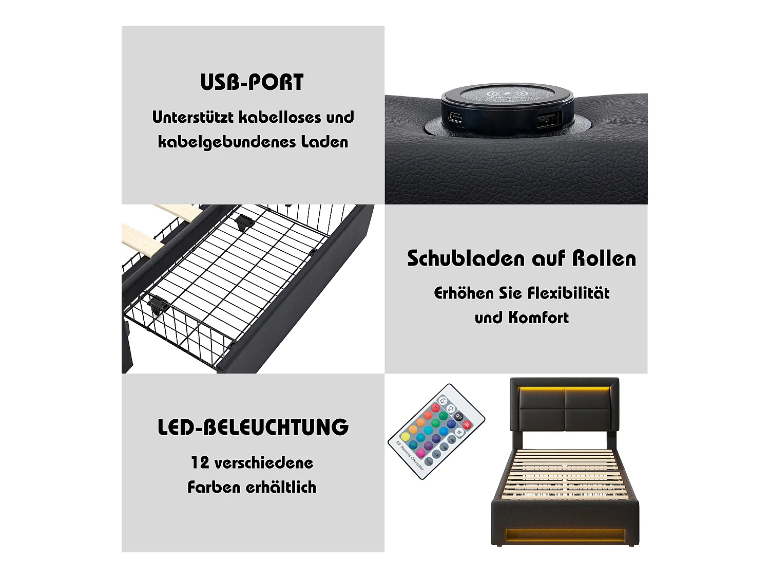 Cama 90x200 cm con USB, LED y cajones, en PU negro (90x200x95 cm)