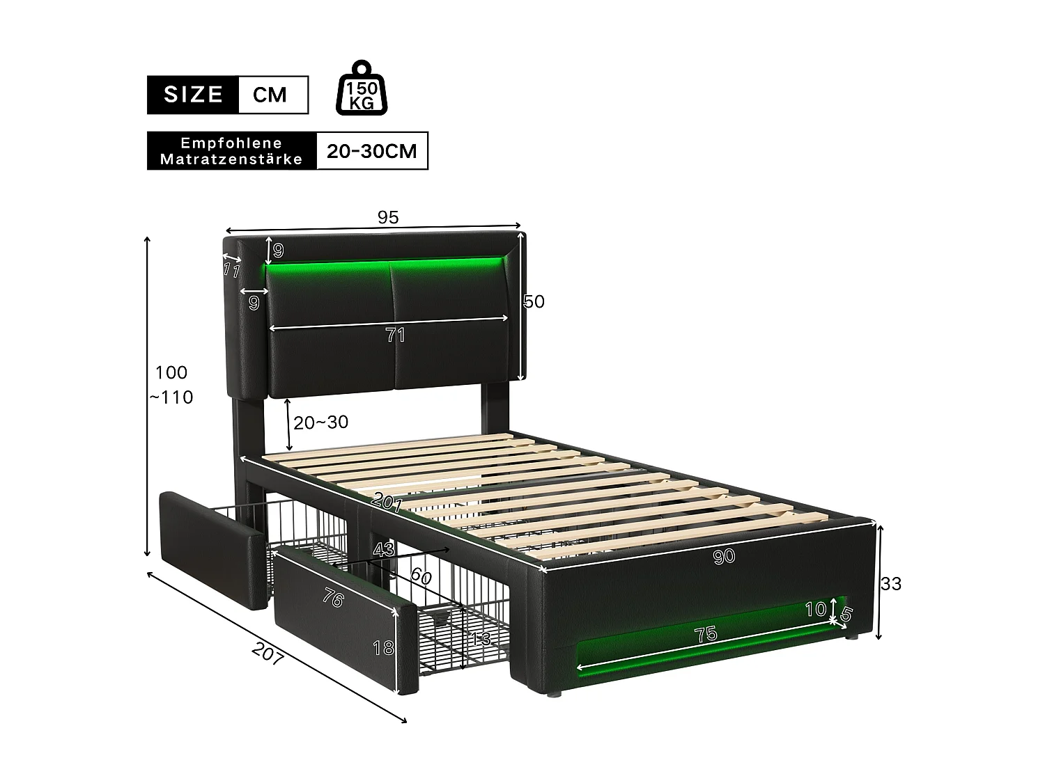 Cama 90x200 cm con USB, LED y cajones, en PU negro (90x200x95 cm)